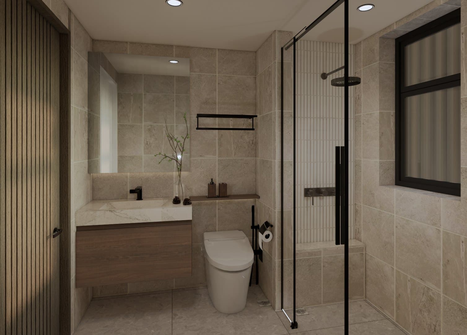 A common bathroom in tonal tile, with a wall-mounted vanity, glass shower screen and warm pendant lighting.