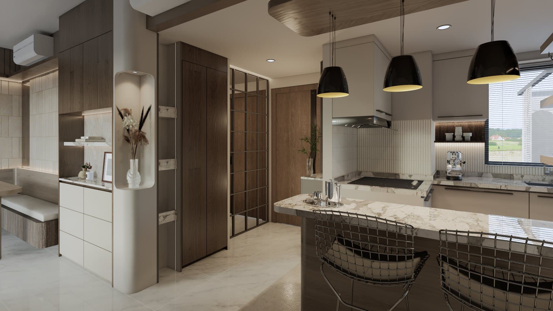 An entry corridor with concealed wardrobe doors and a calm tonal palette opening into the living room.