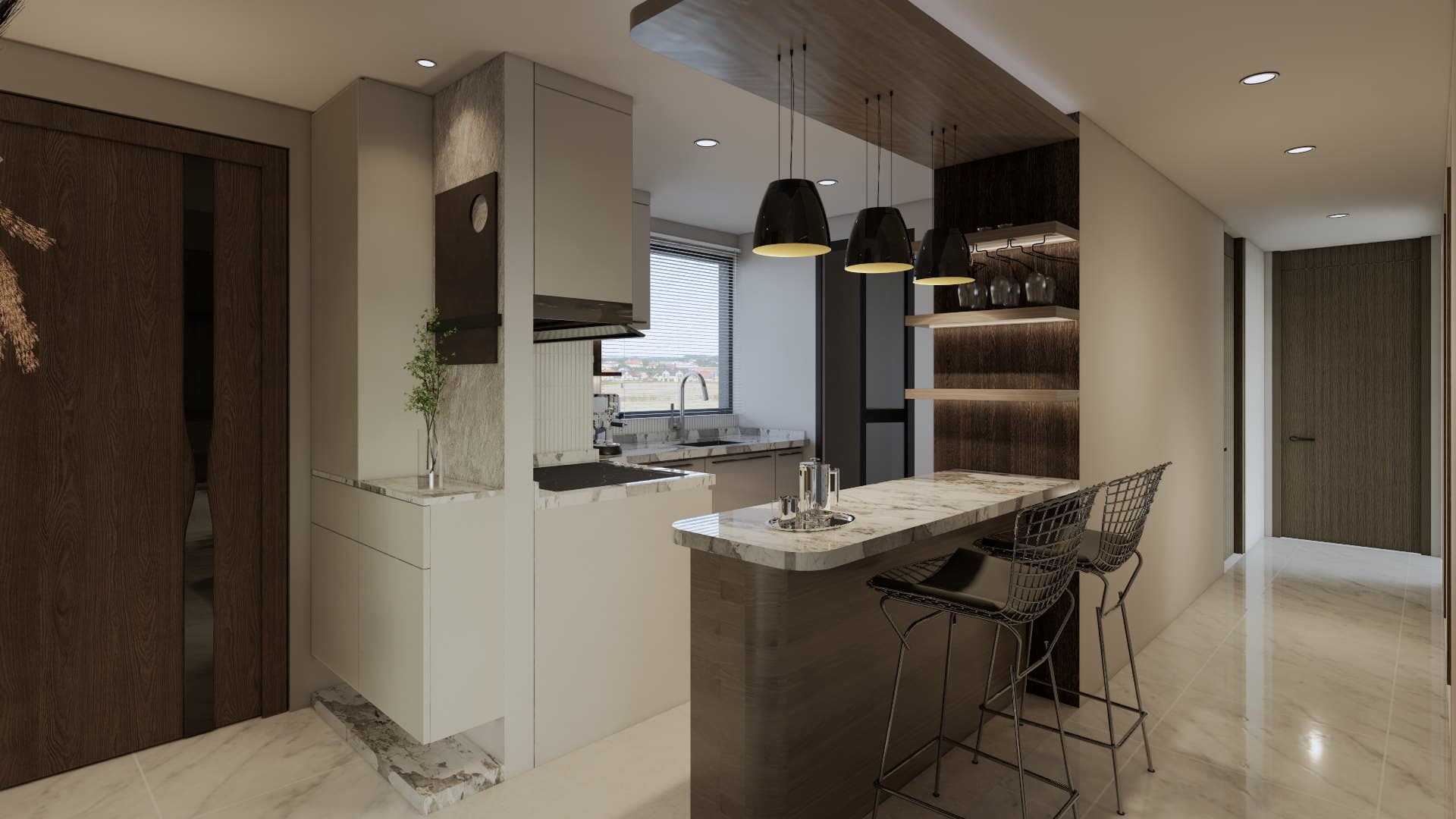A galley kitchen with quartz counters, concealed tall storage and warm overhead lighting.