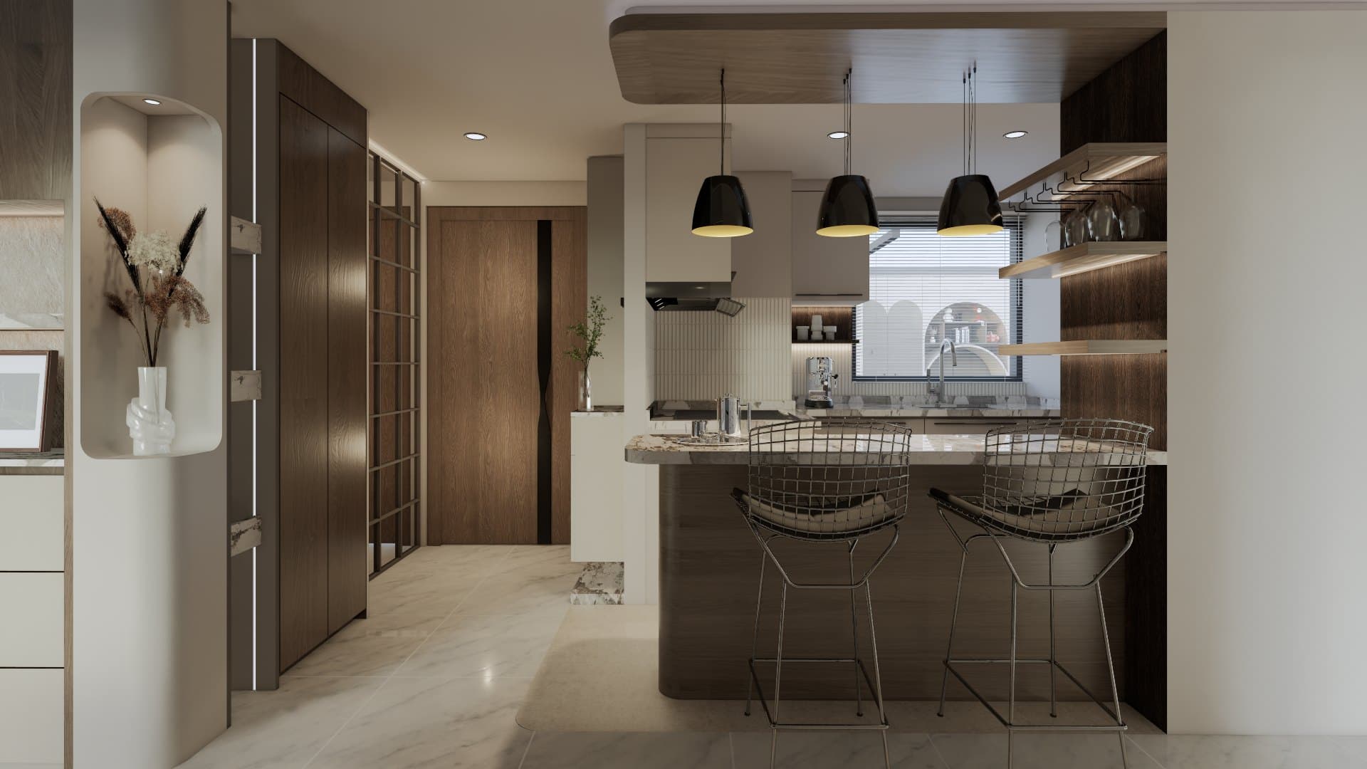 A galley kitchen with quartz counters, concealed tall storage and warm overhead lighting.