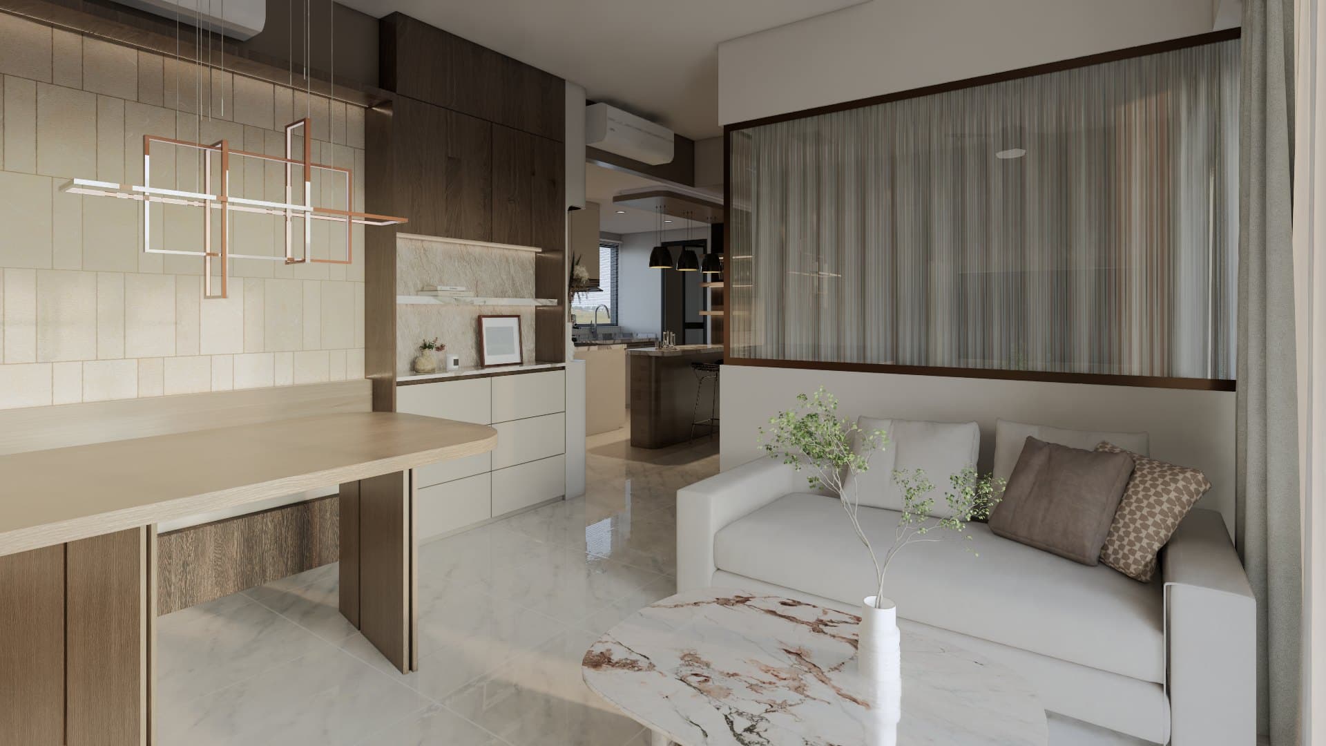 A living-and-dining setting framed by cove lighting and a tonal feature wall, balanced by a soft seating arrangement.