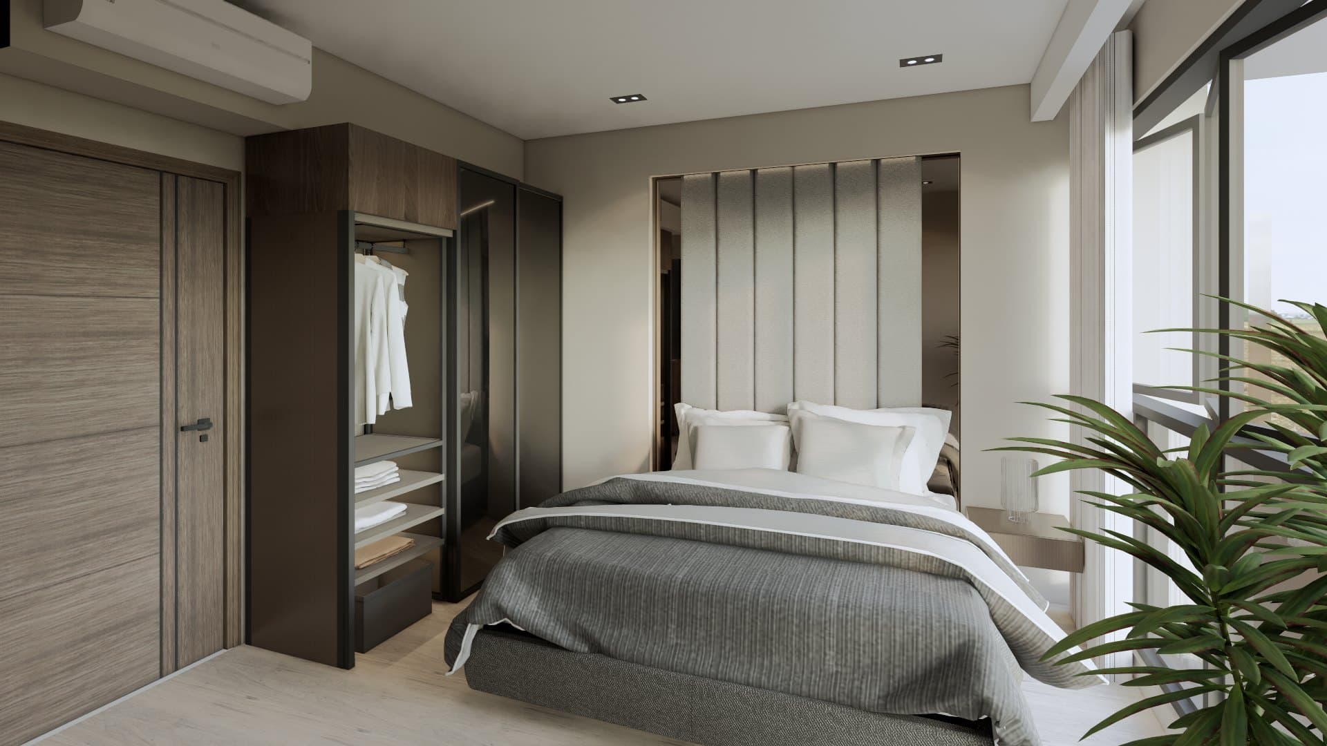 A master bedroom framed by a panelled headboard wall, paired with a platform bed and tonal bedside styling.