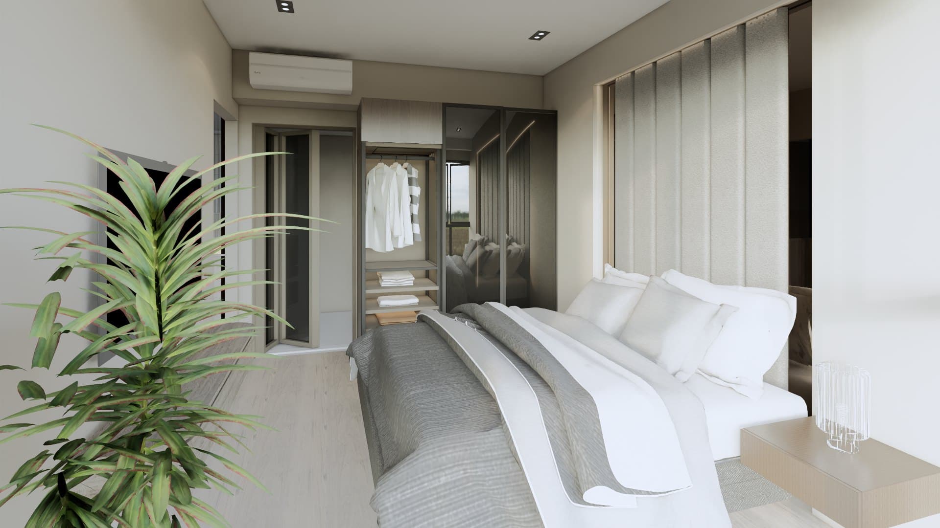 A master bedroom framed by a panelled headboard wall, paired with a platform bed and tonal bedside styling.