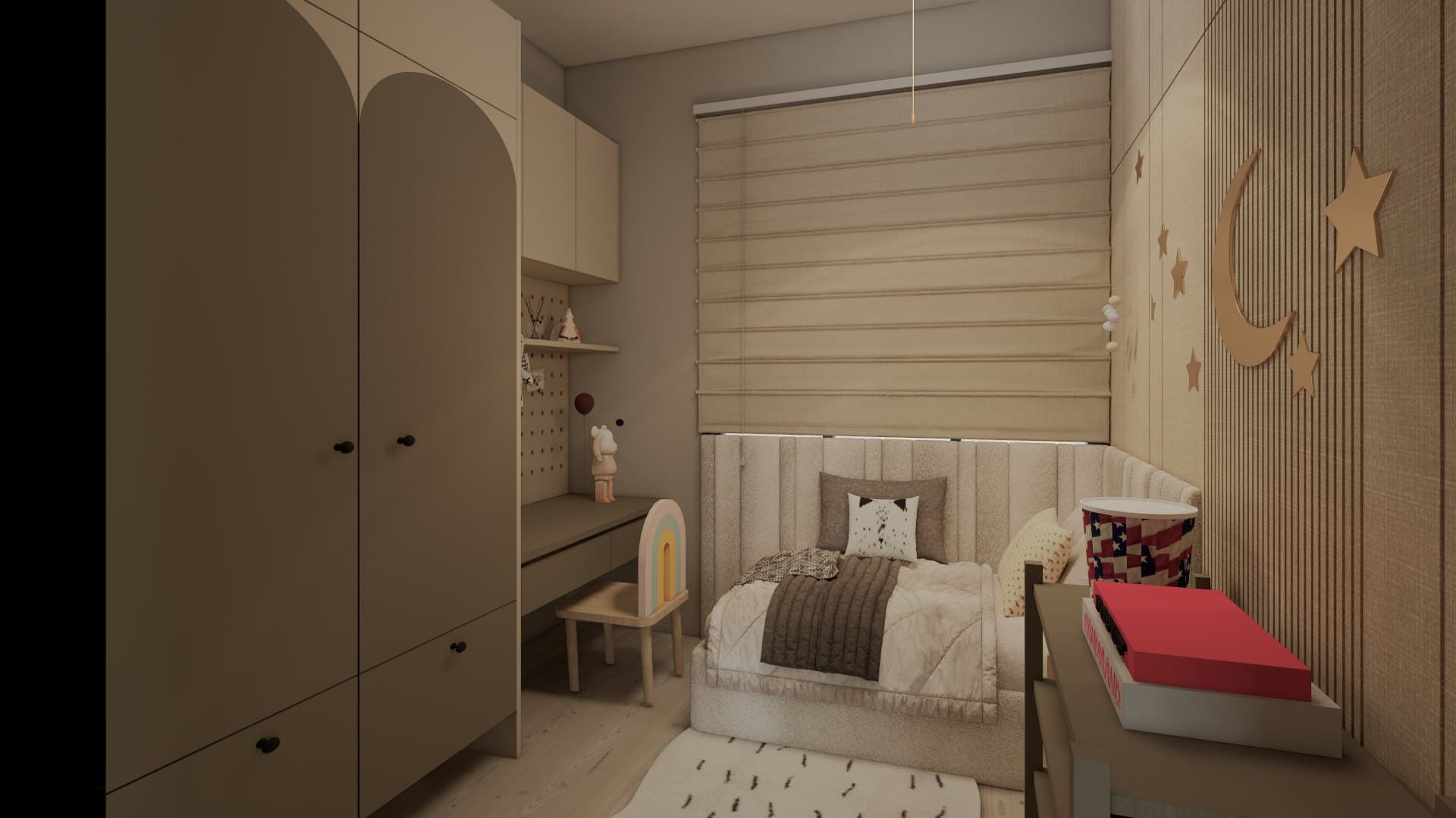 A toddler's room in soft oak and chalk white, with an arched display niche and a tucked-in single bed.