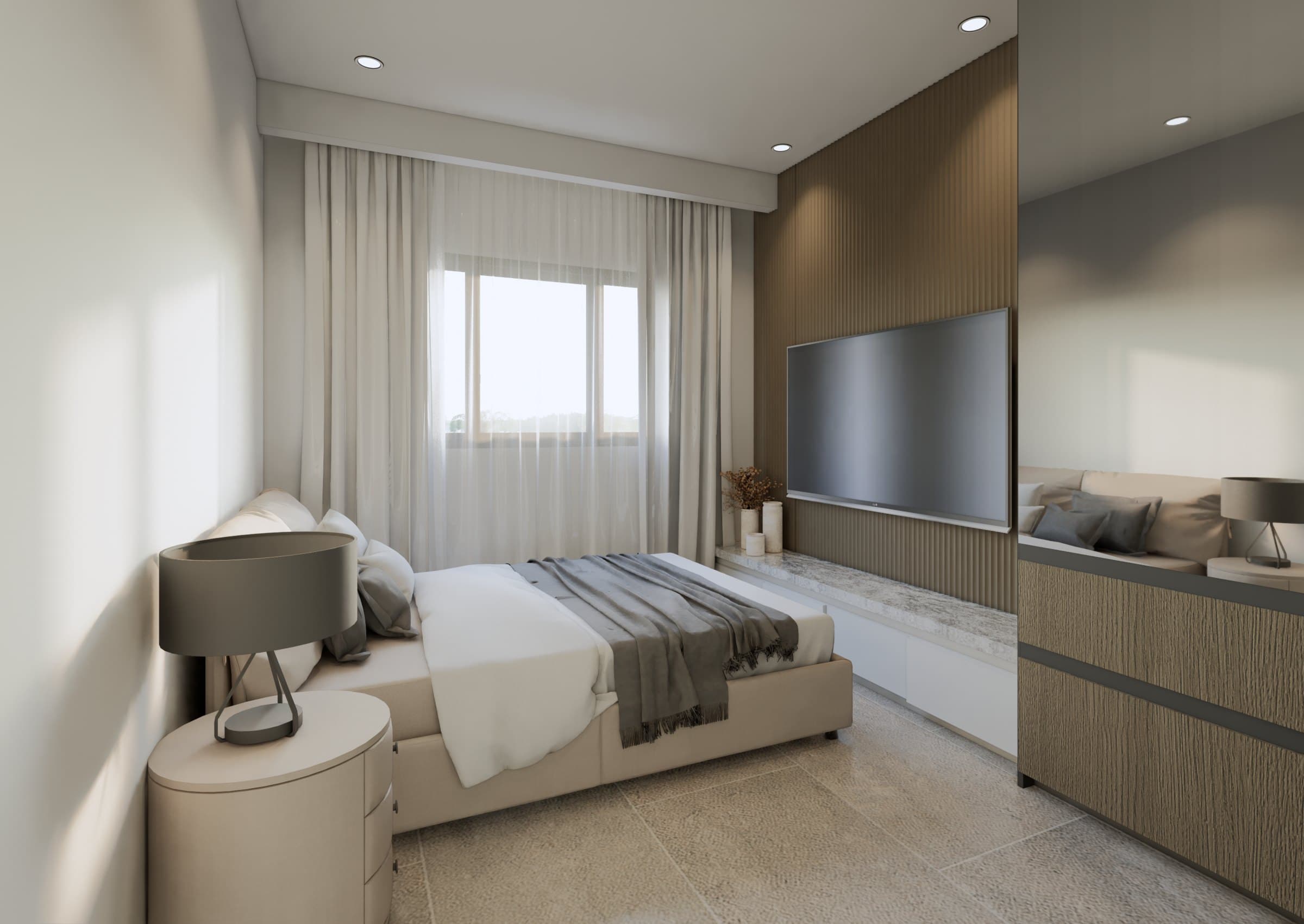 A bedroom in a calm tonal palette, dressed with a platform bed, built-in wardrobe and quiet bedside styling.