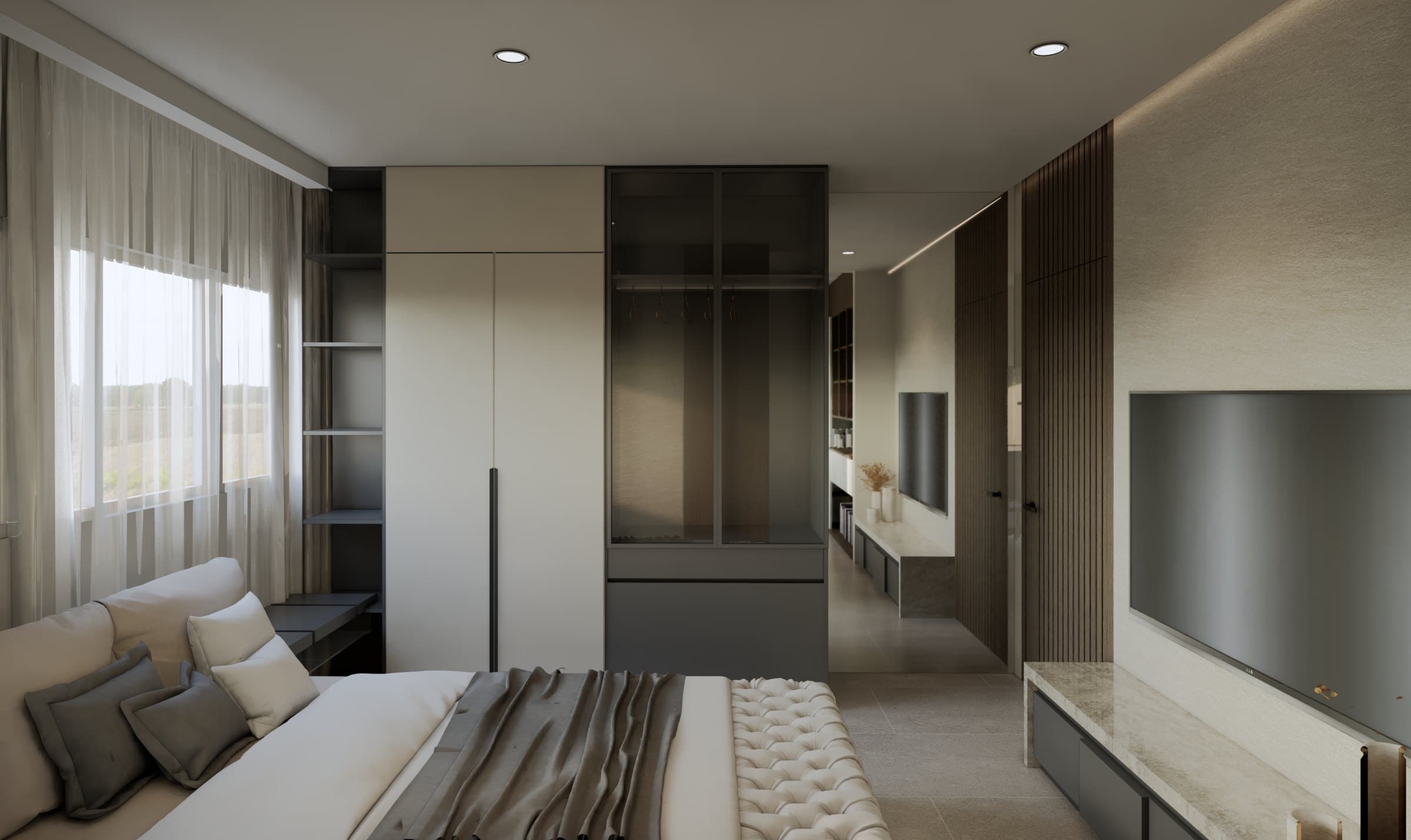 A bedroom in a calm tonal palette, dressed with a platform bed, built-in wardrobe and quiet bedside styling.