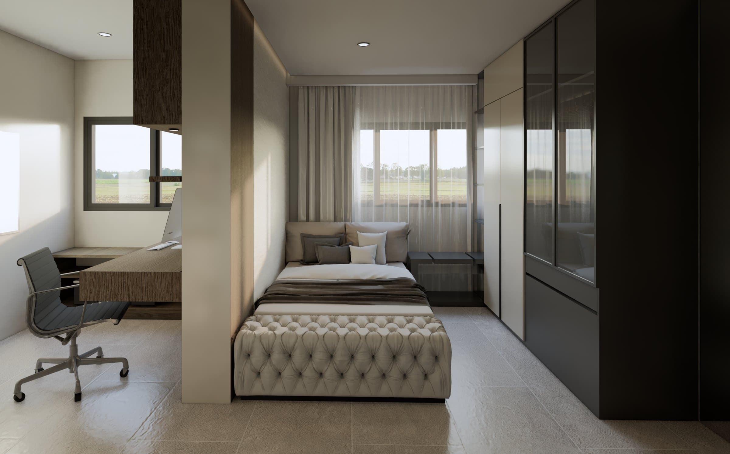A bedroom in a calm tonal palette, dressed with a platform bed, built-in wardrobe and quiet bedside styling.