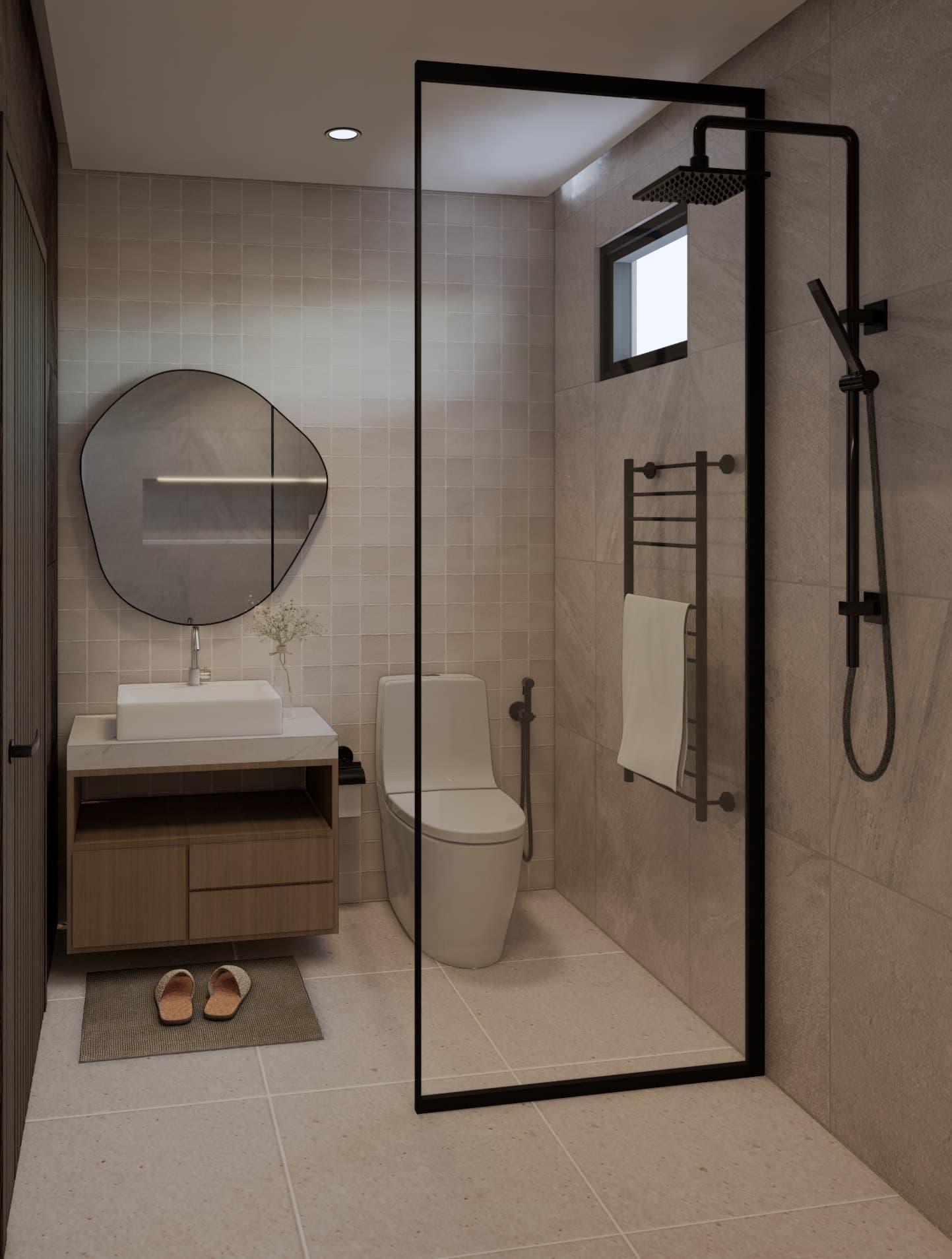 A common bathroom in tonal tile, with a wall-mounted vanity, glass shower screen and warm pendant lighting.