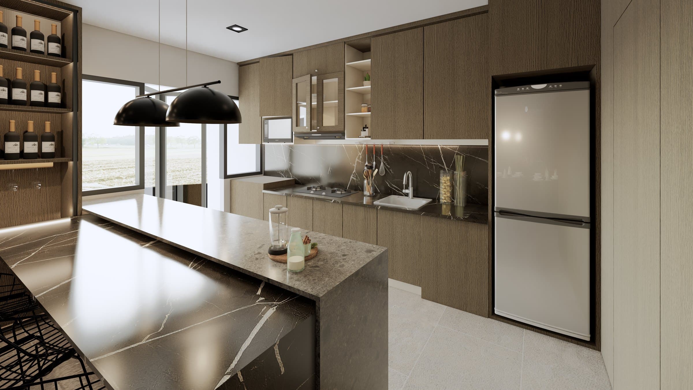 A galley kitchen with quartz counters, concealed tall storage and warm overhead lighting.