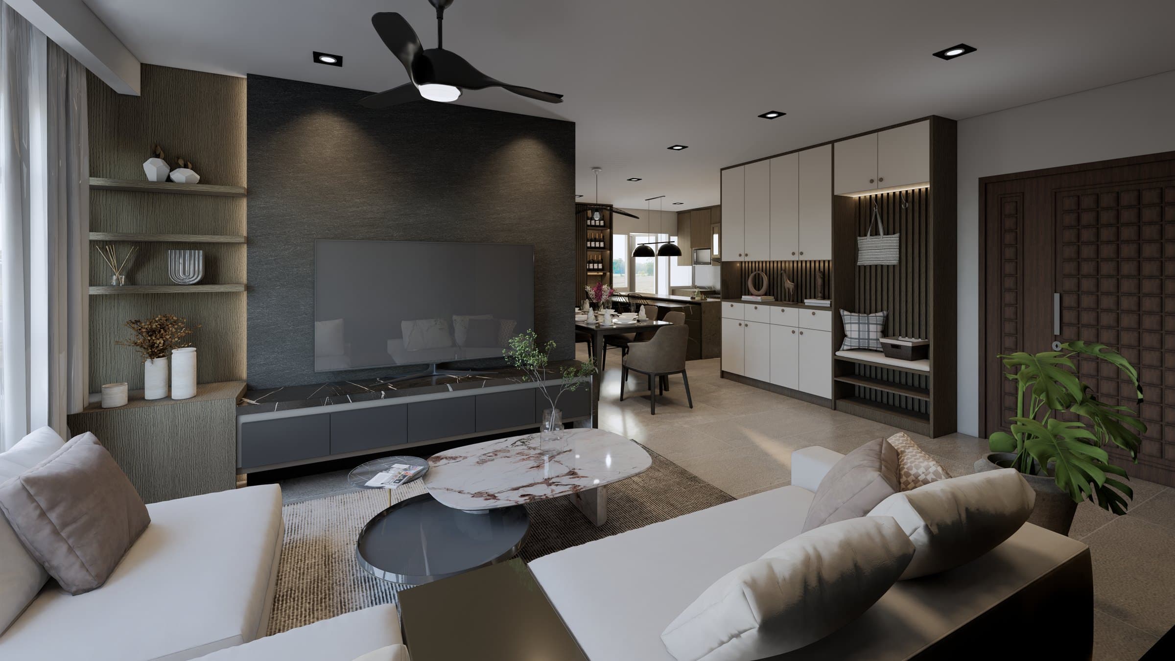 A living room arranged around a sectional sofa and feature TV wall, with cove lighting and tonal styling.