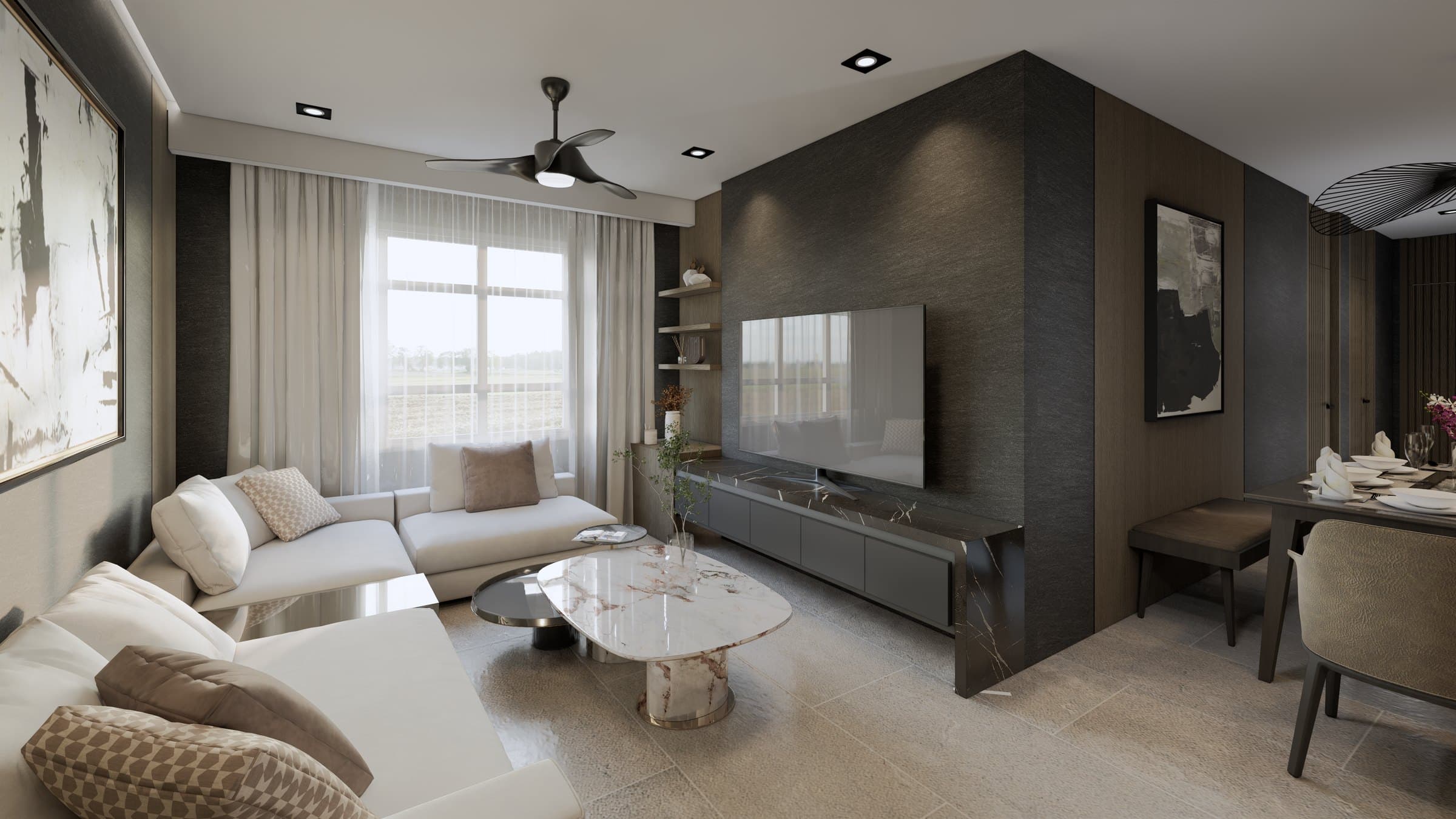 A living room arranged around a sectional sofa and feature TV wall, with cove lighting and tonal styling.
