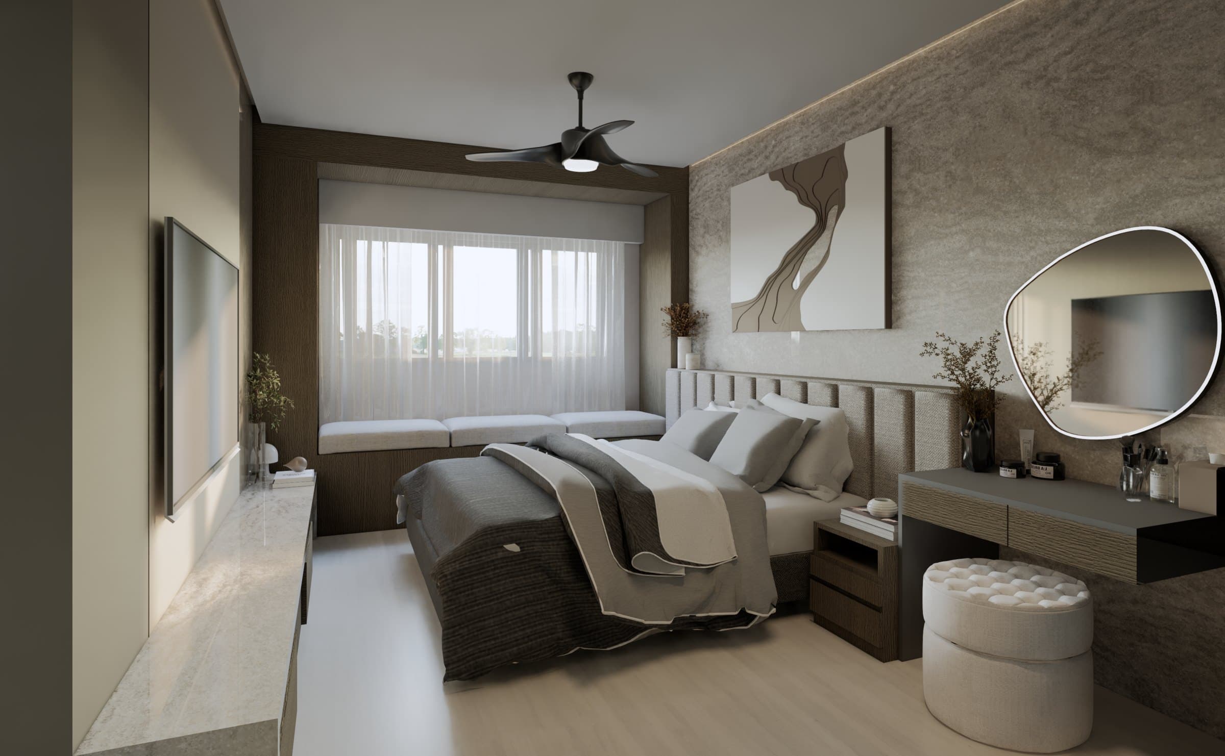 A main bedroom dressed in warm oak joinery and tonal upholstery, with concealed wardrobe panels and bedside lighting.