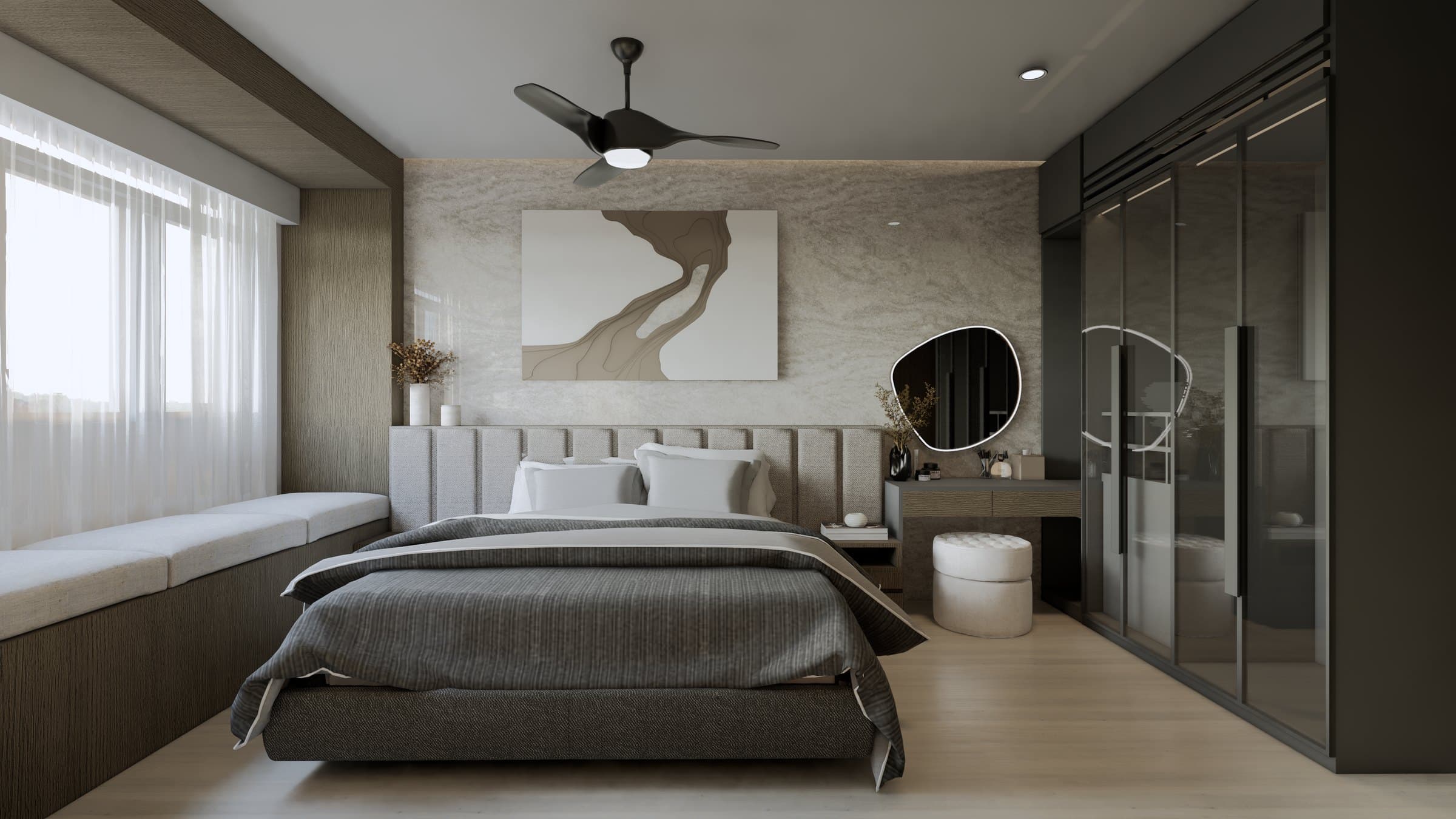 A main bedroom dressed in warm oak joinery and tonal upholstery, with concealed wardrobe panels and bedside lighting.