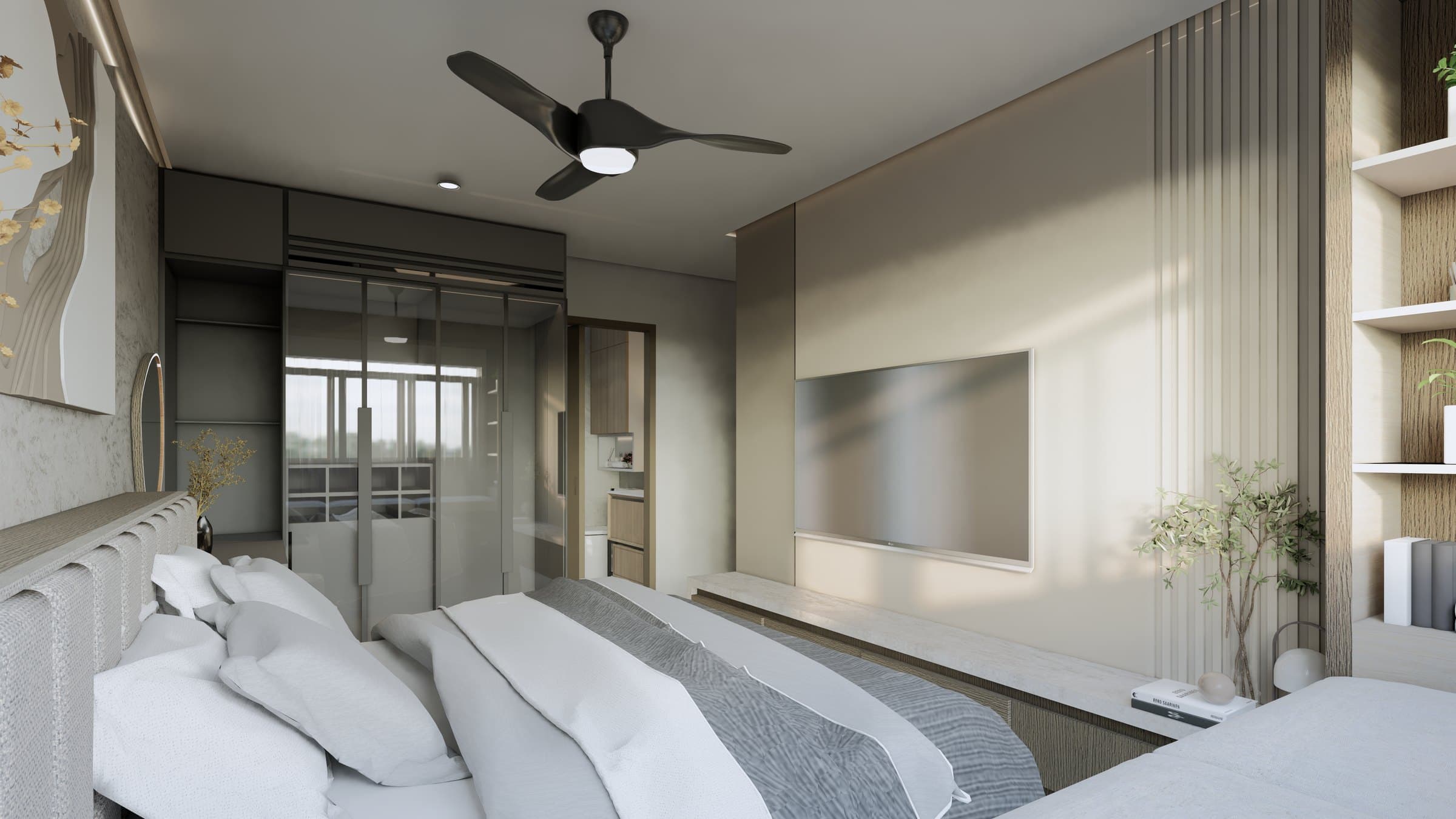 A main bedroom dressed in warm oak joinery and tonal upholstery, with concealed wardrobe panels and bedside lighting.