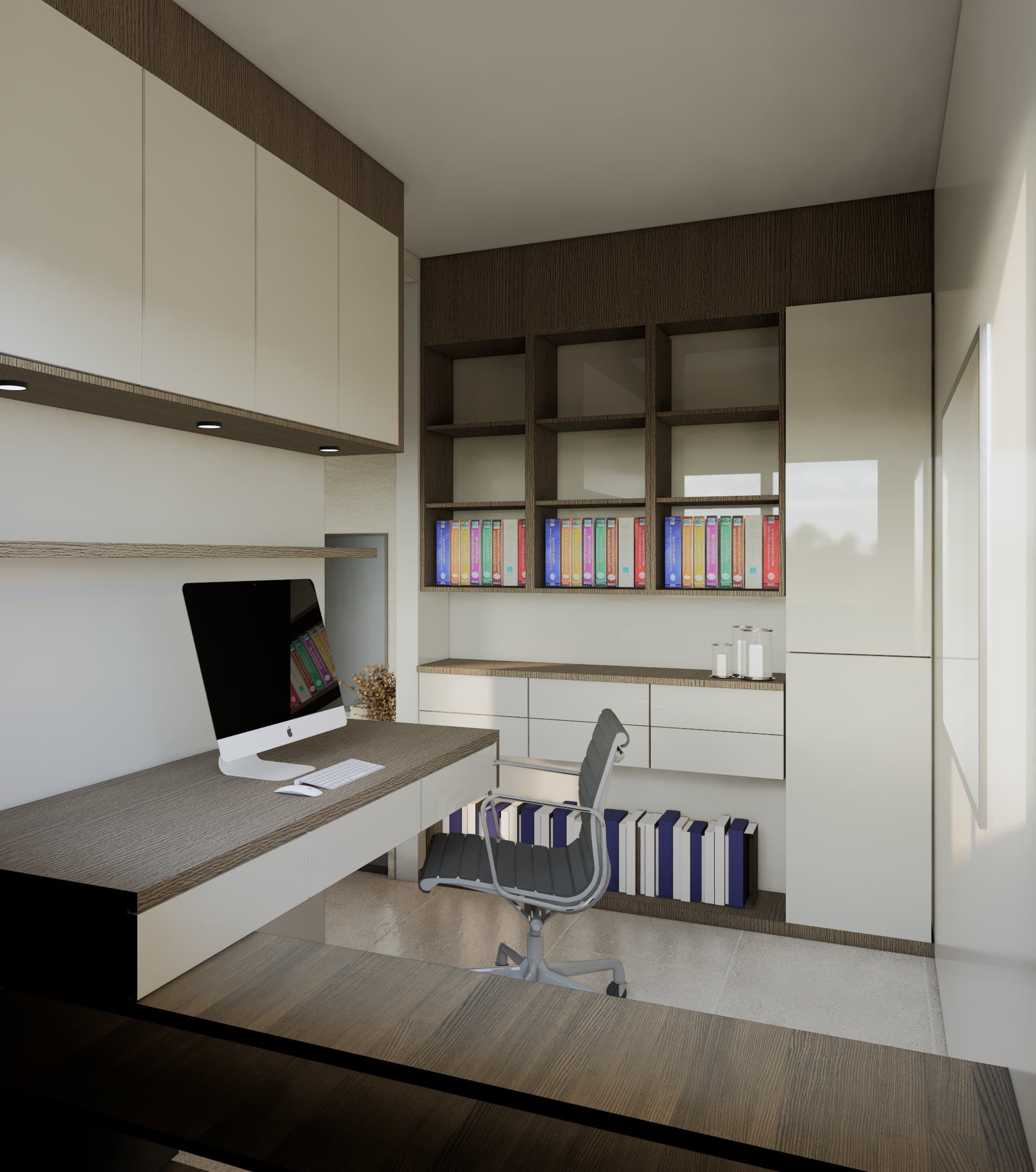 A study setting with a built-in oak desk, brass-arm lamp and tonal wall panelling.