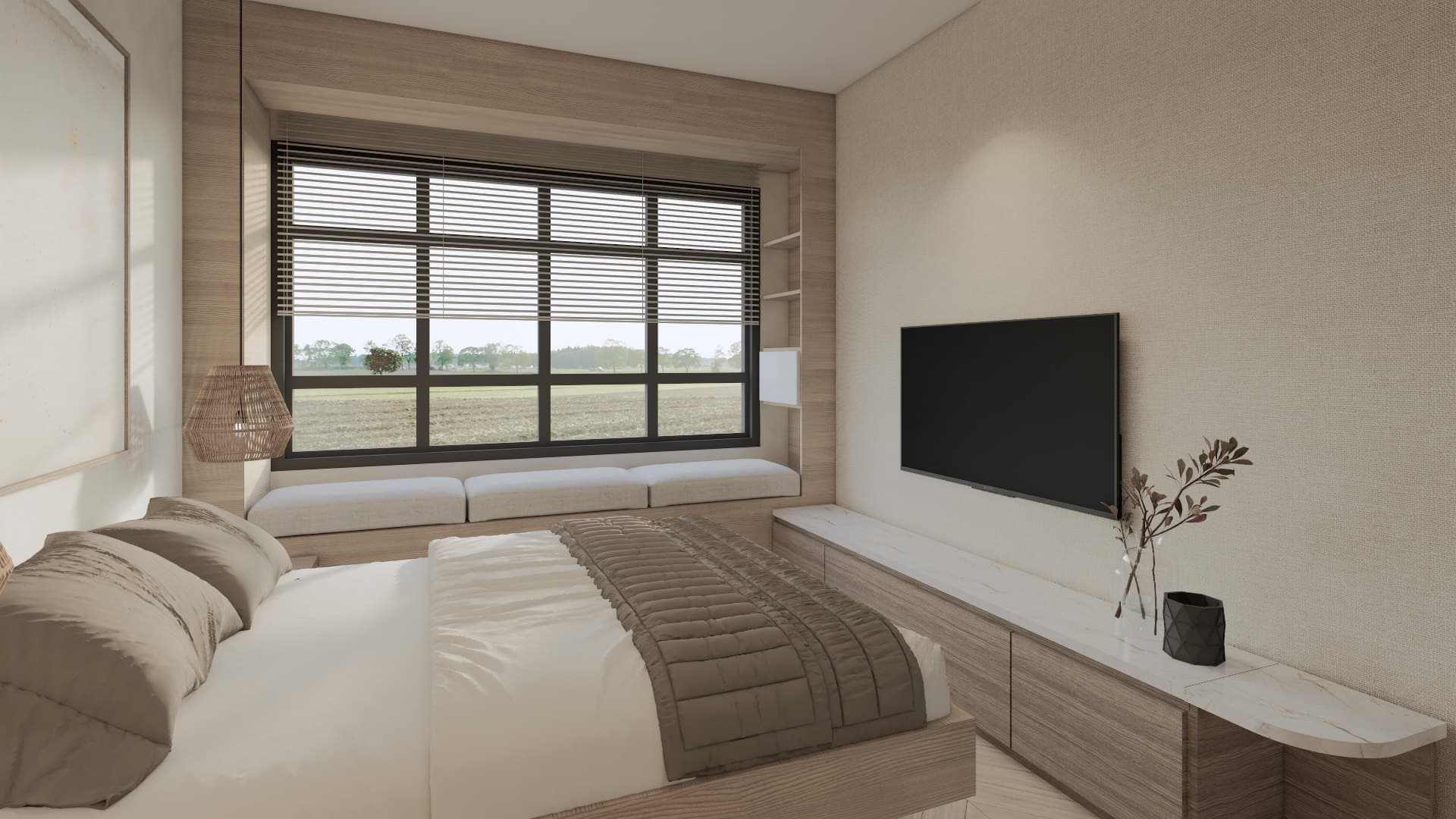 A master bedroom framed by a panelled headboard wall, paired with a platform bed and tonal bedside styling.