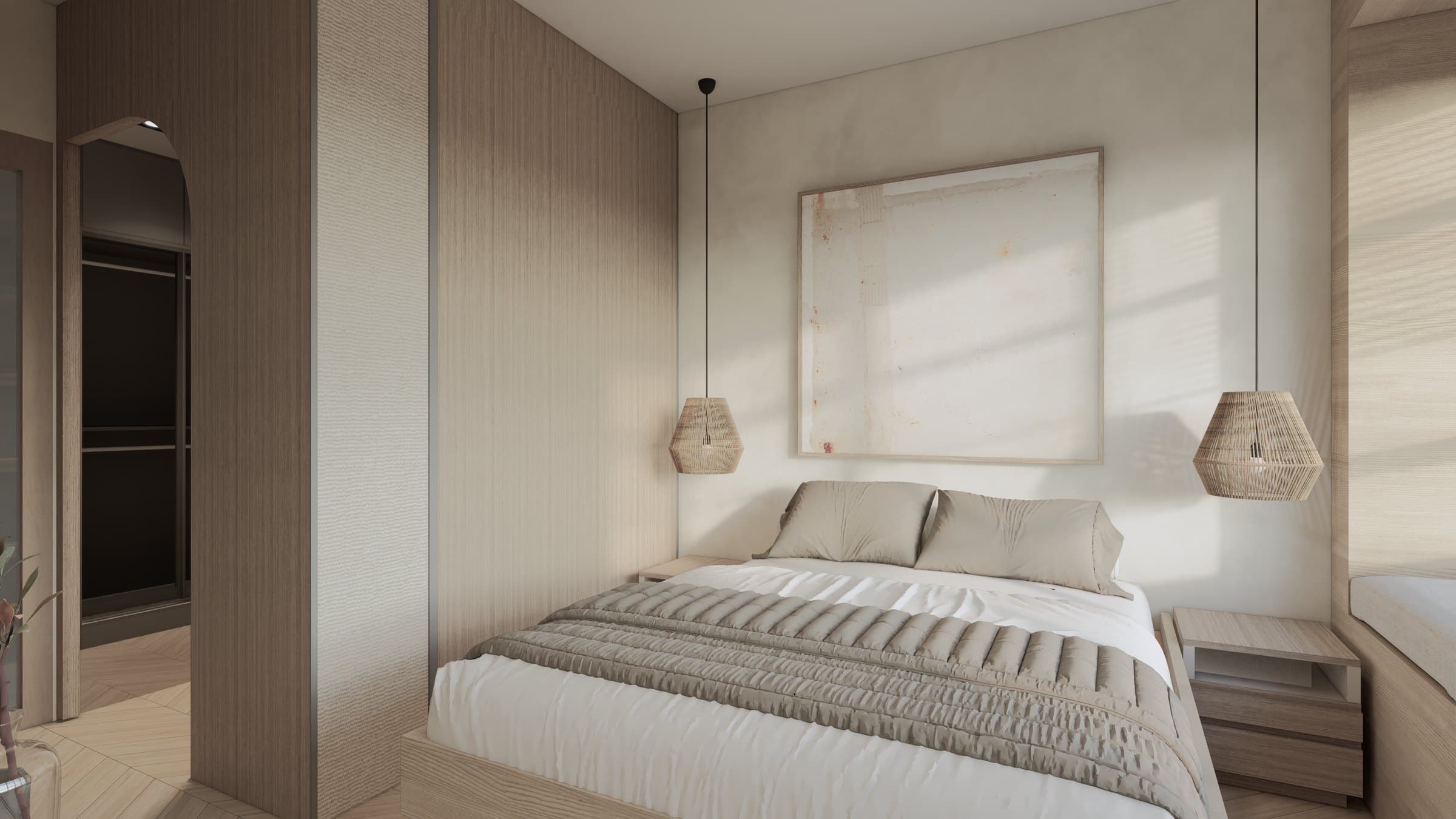 A master bedroom framed by a panelled headboard wall, paired with a platform bed and tonal bedside styling.