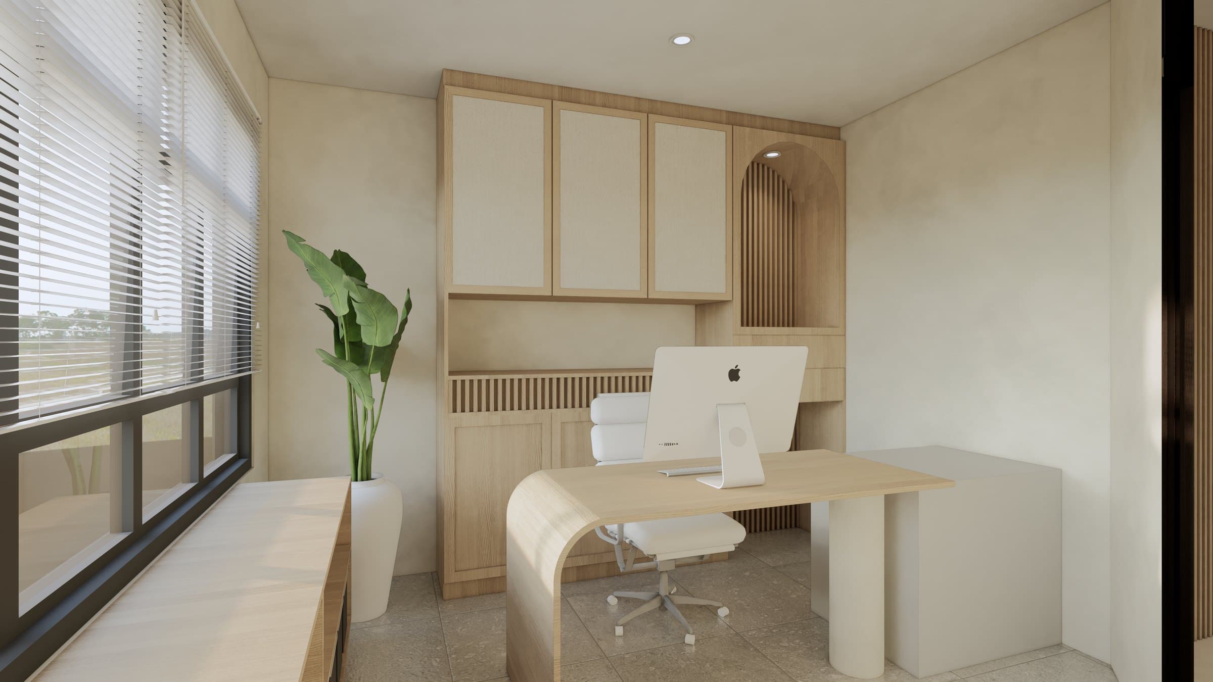 A study room with a built-in oak desk along the window wall and a single leather task chair.