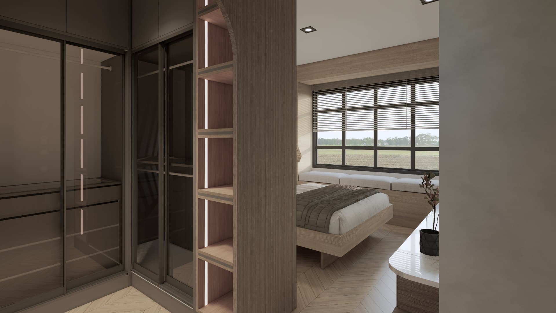 A master bedroom framed by a panelled headboard wall, paired with a platform bed and tonal bedside styling.