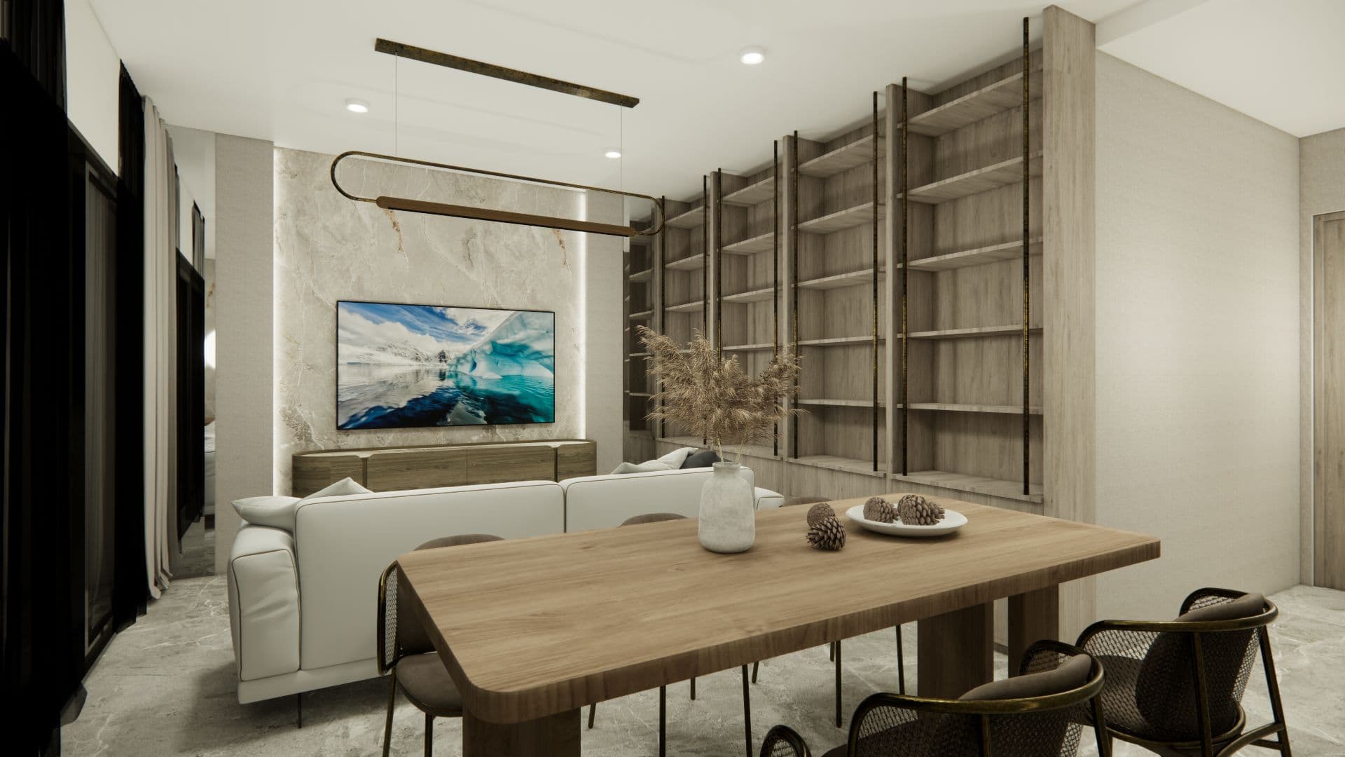 Dining with custom bookshelf wall render