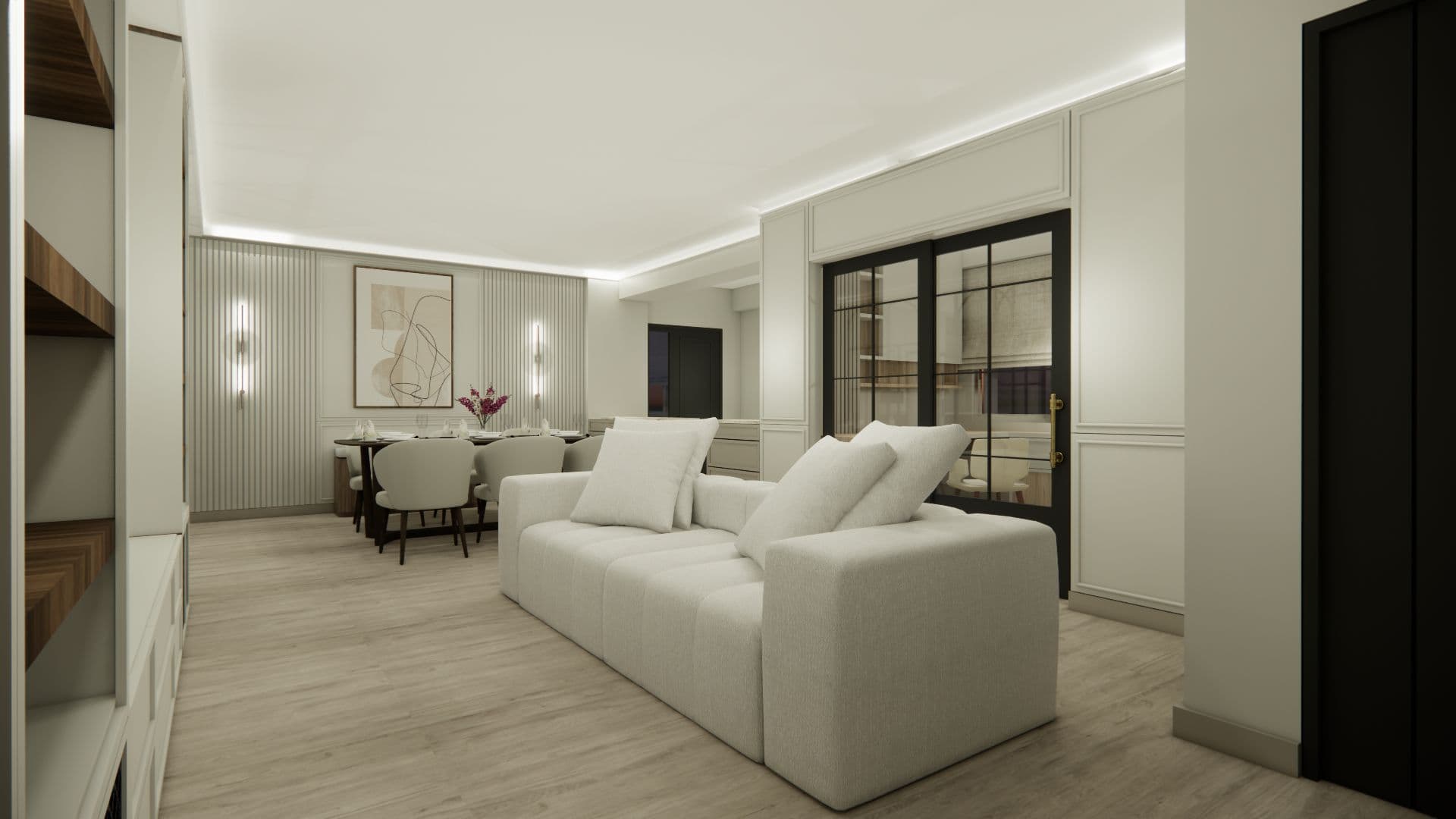 Bright open-plan living dining render