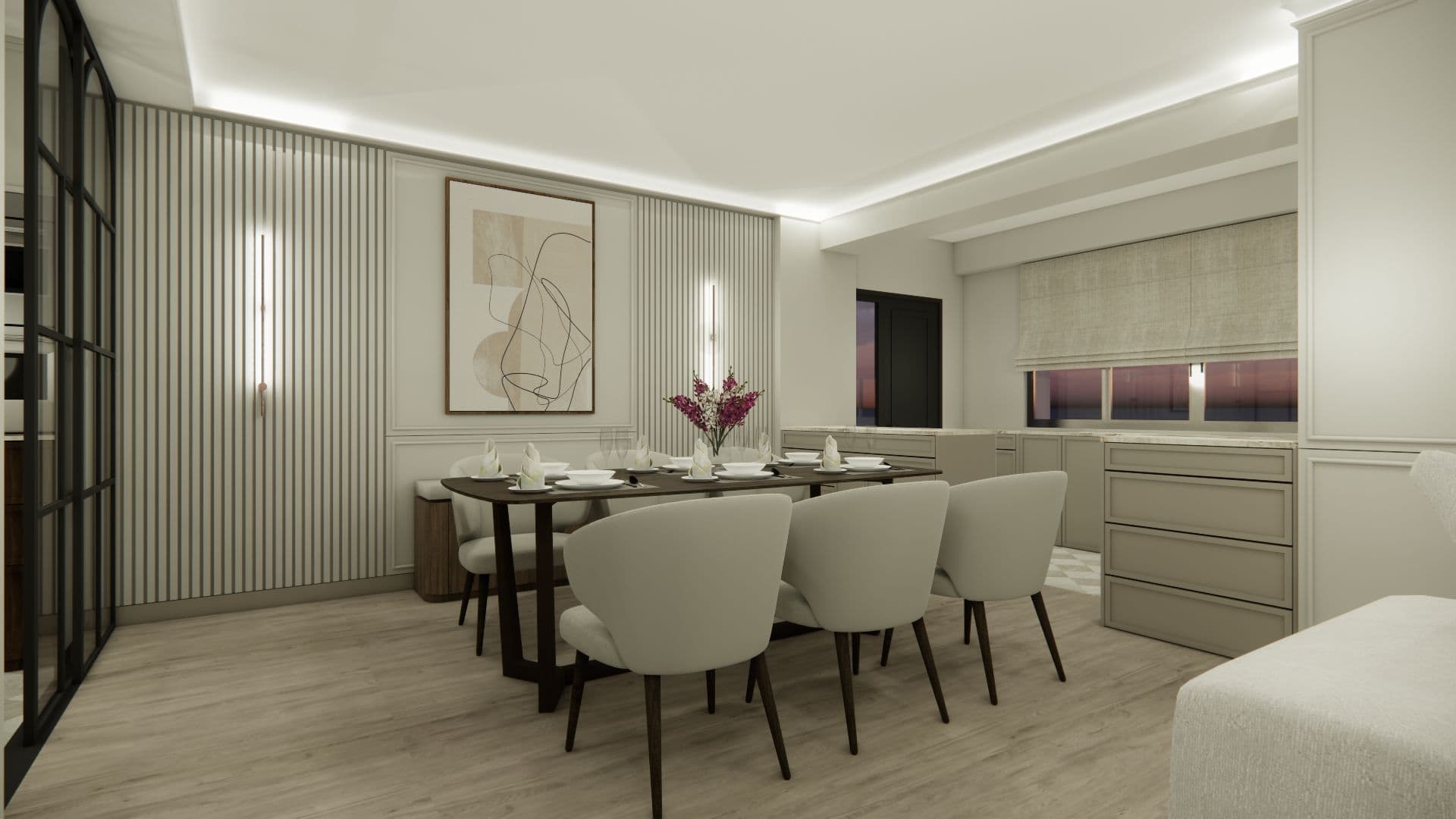 Elegant dining room with art panel render