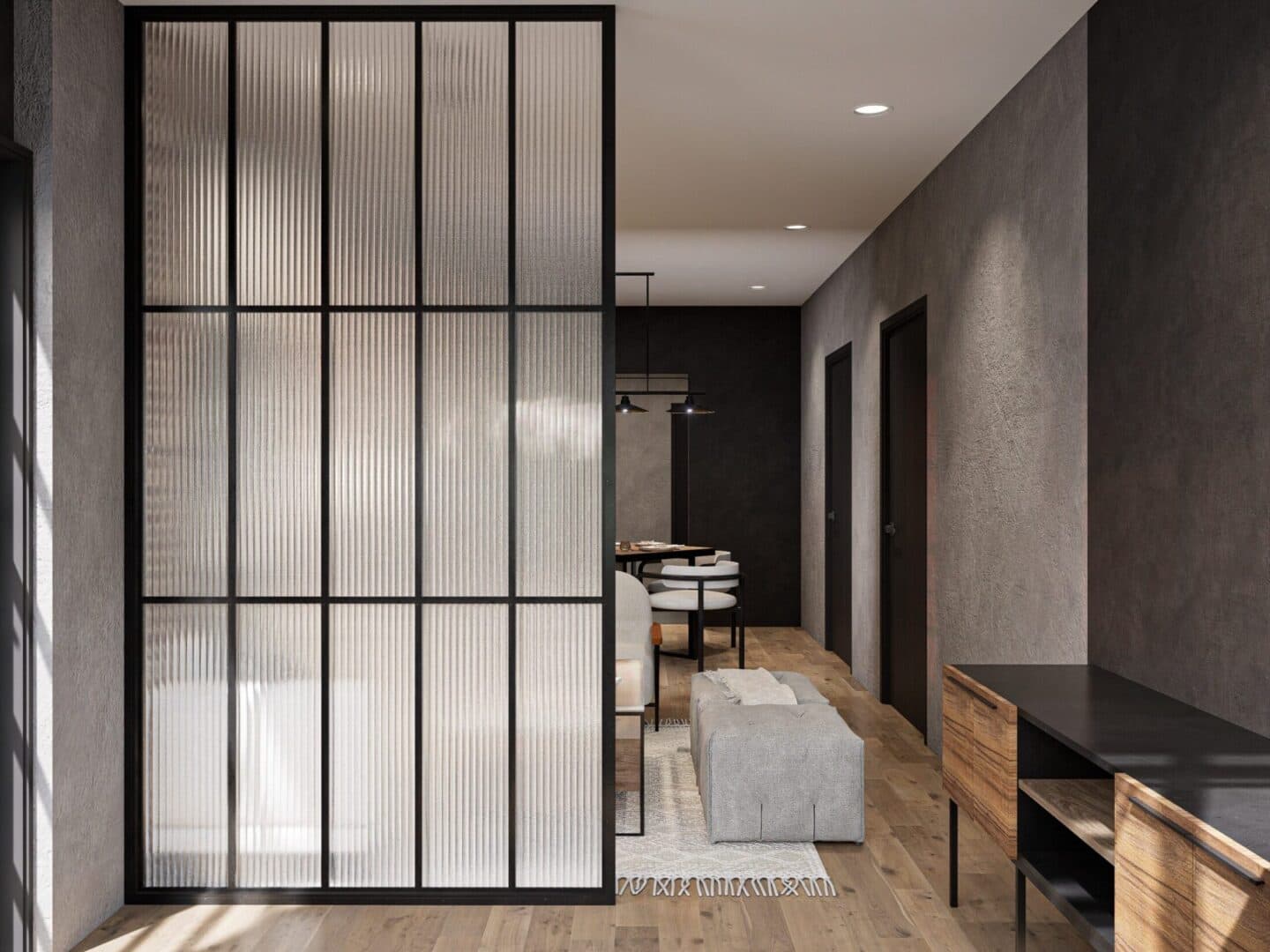 Entrance space planning with reeded glass divider