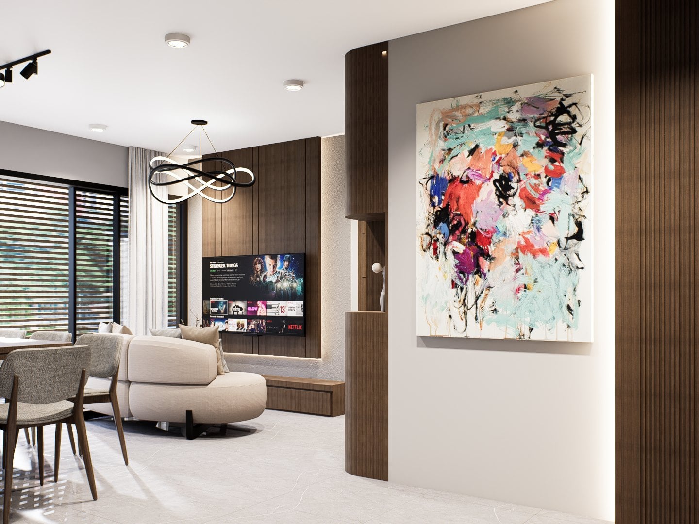 A marble-floored entry with built-in shoe cabinets framing a glimpse into the dining and kitchen beyond.