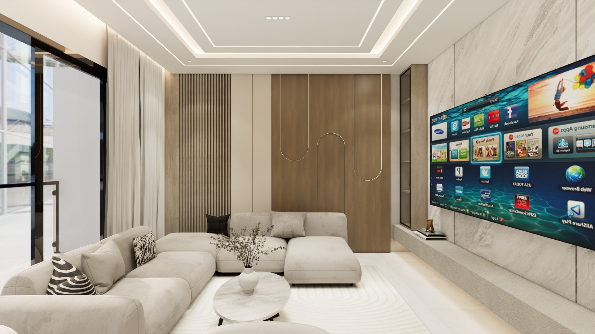 A living area with a marble-clad television wall, a curved modular sofa and fluted timber panelling that softens the room's edges.