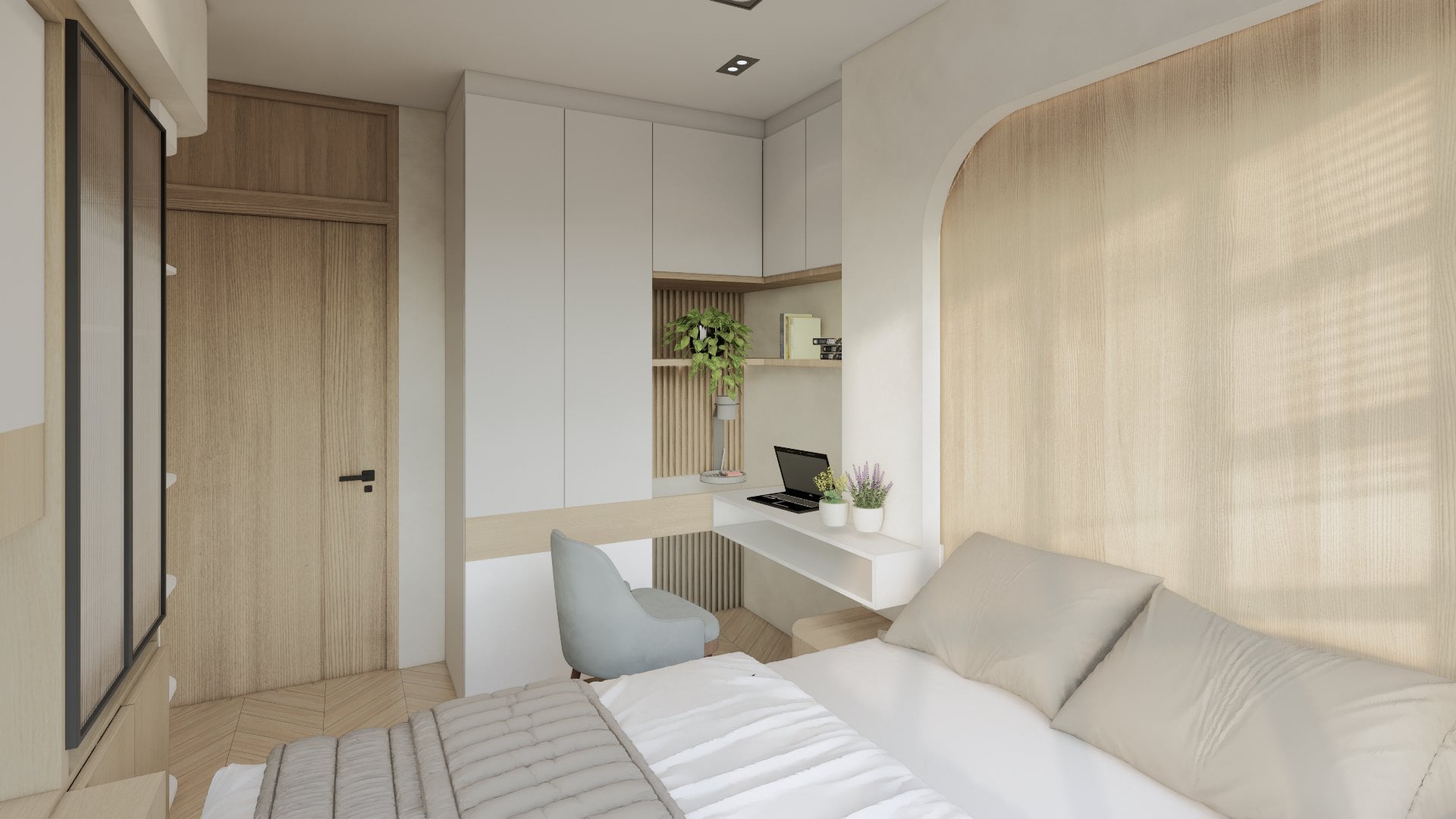 A bedroom in a calm tonal palette, dressed with a platform bed, built-in wardrobe and quiet bedside styling.