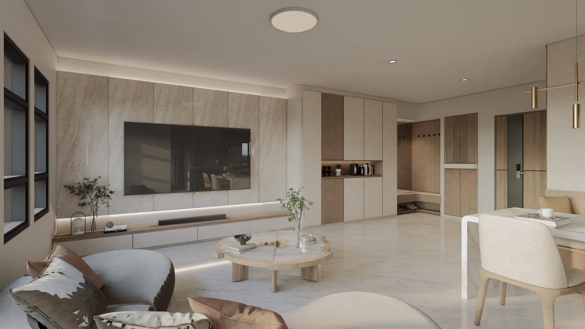 A living area anchored by a full-height stone feature wall, storage running the length of the room.