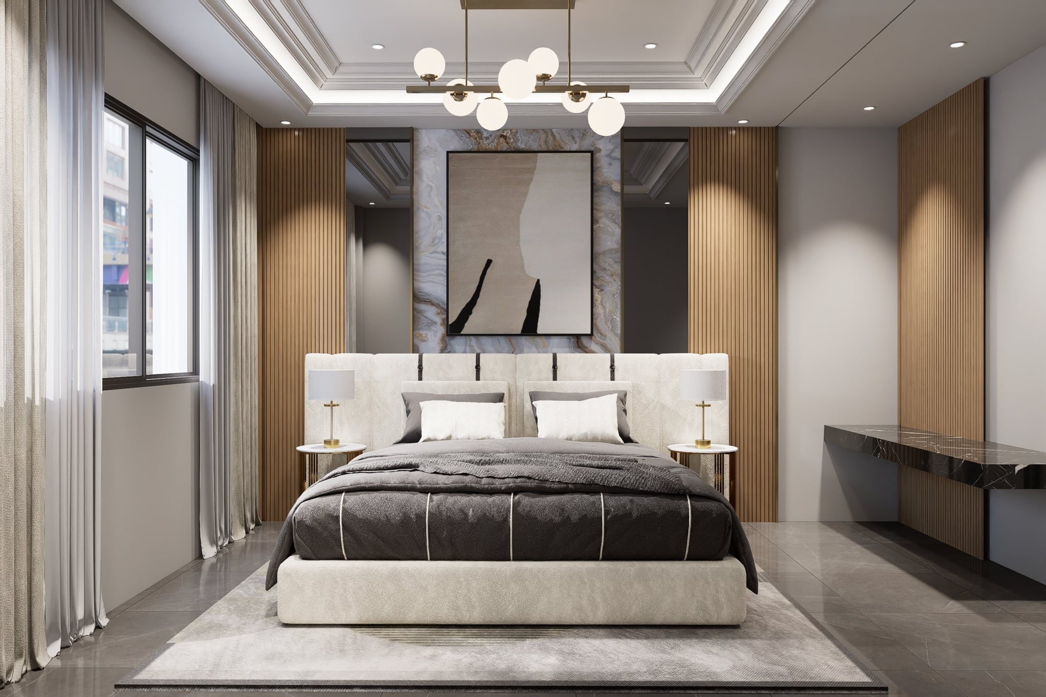 A bedroom in a calm tonal palette, dressed with a platform bed, built-in wardrobe and quiet bedside styling.