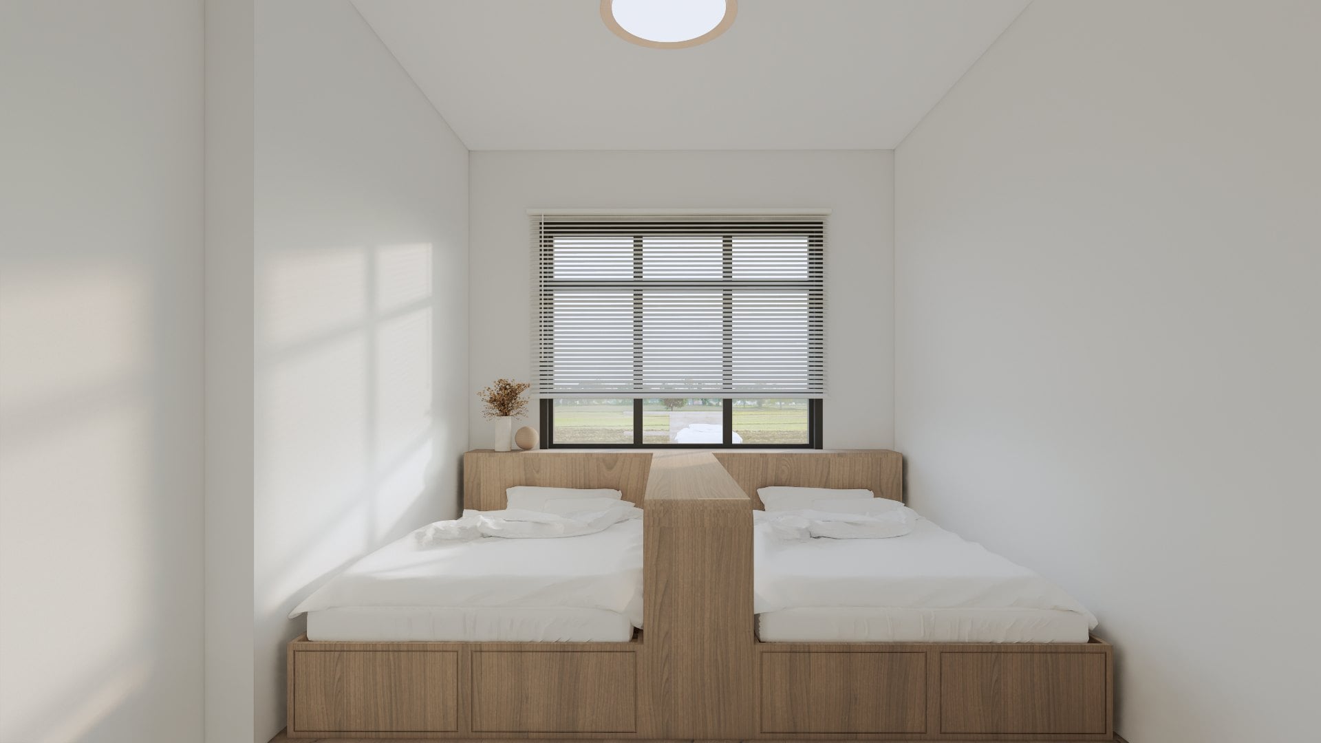 A bedroom in a calm tonal palette, dressed with a platform bed, built-in wardrobe and quiet bedside styling.