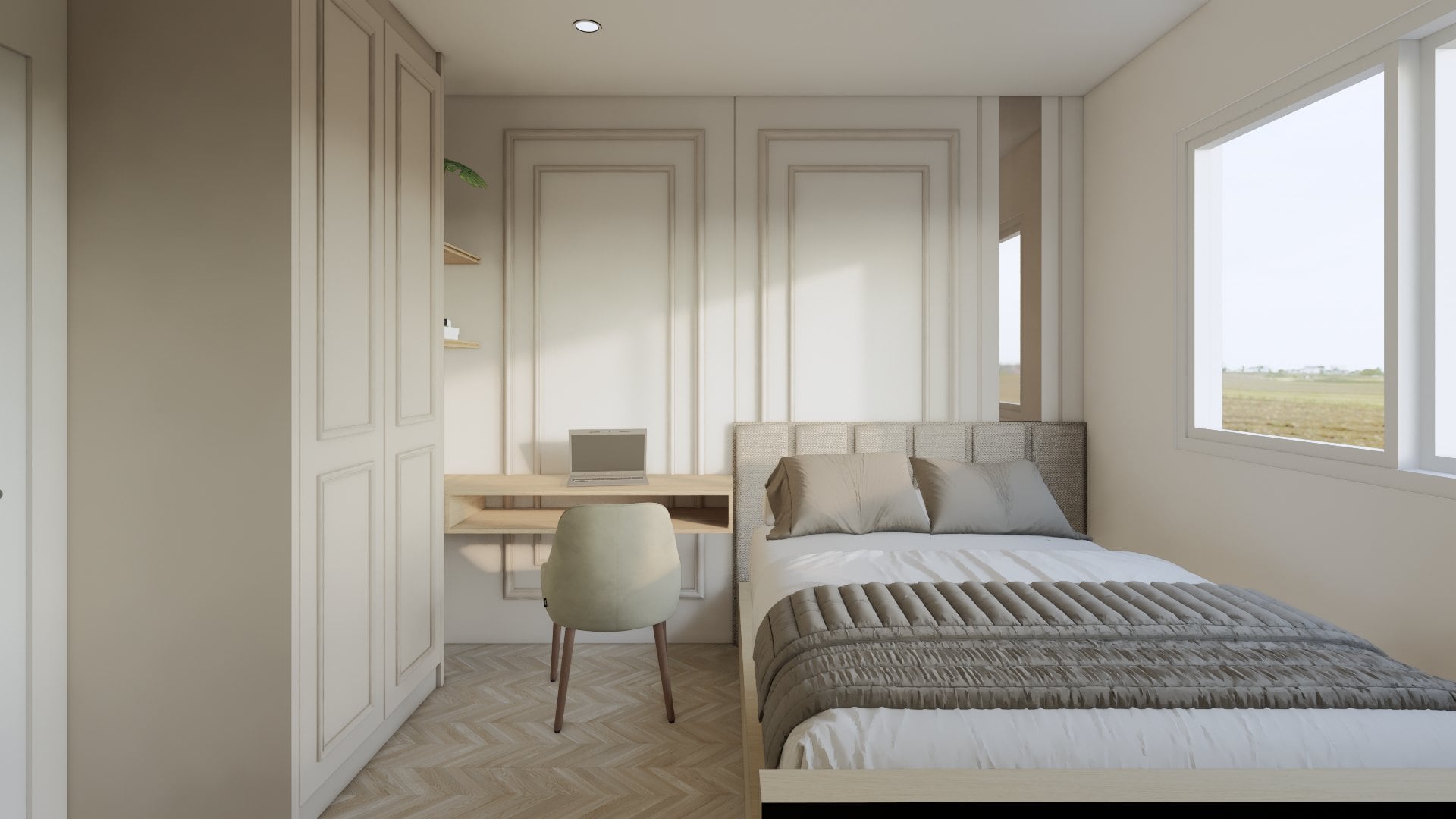 A bedroom in a calm tonal palette, dressed with a platform bed, built-in wardrobe and quiet bedside styling.