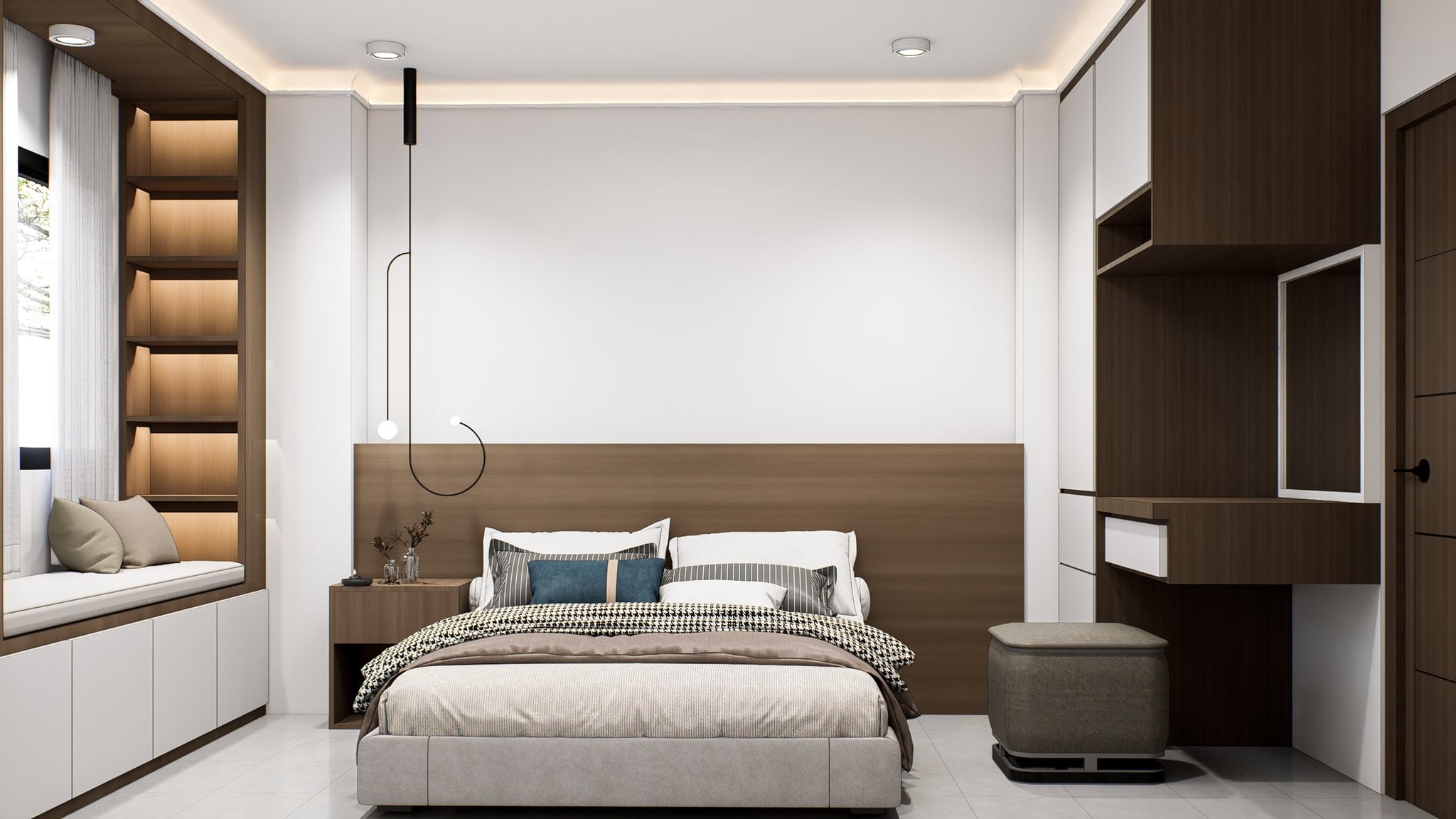 A bedroom in a calm tonal palette, dressed with a platform bed, built-in wardrobe and quiet bedside styling.