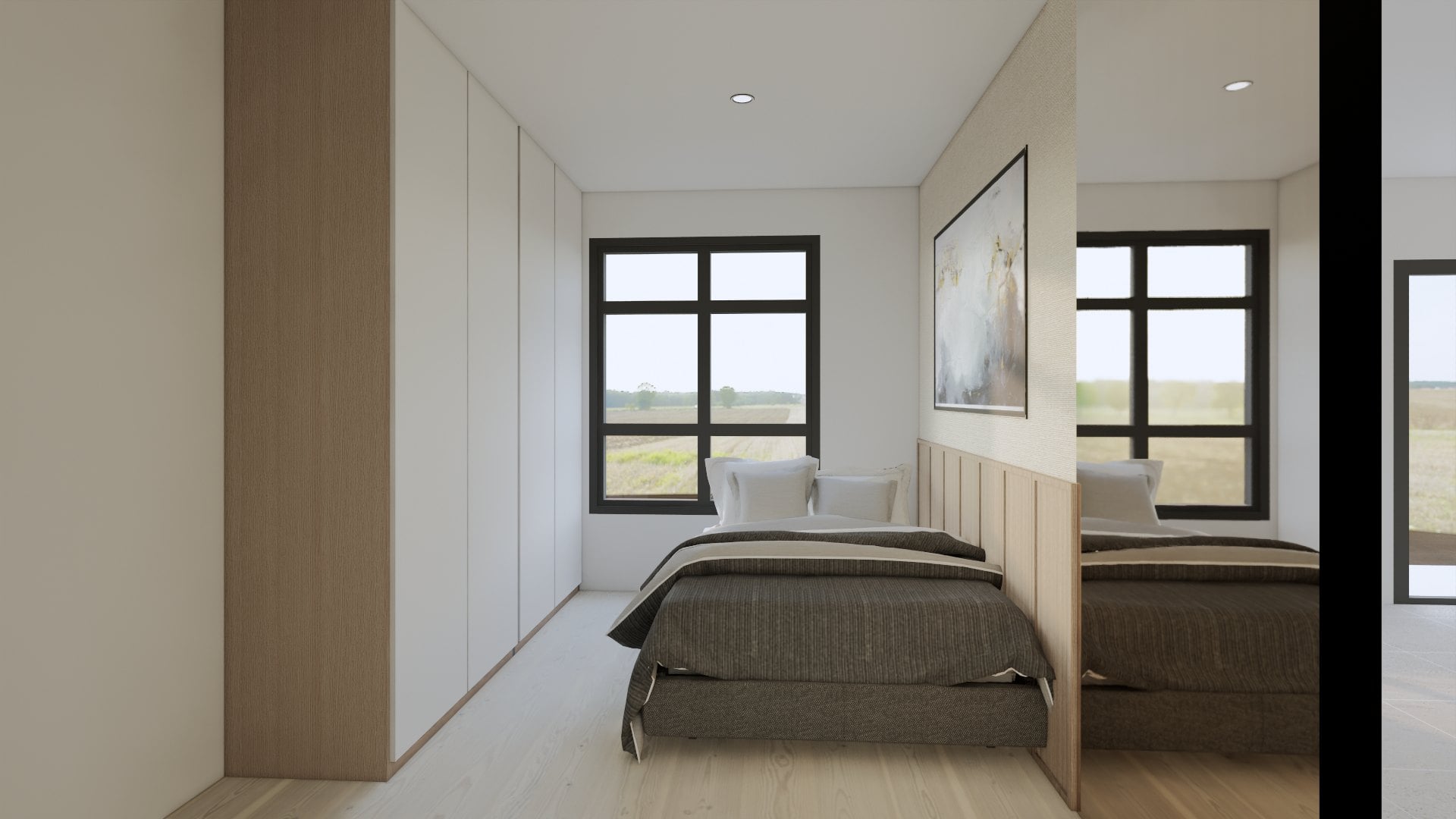 A bedroom in a calm tonal palette, dressed with a platform bed, built-in wardrobe and quiet bedside styling.