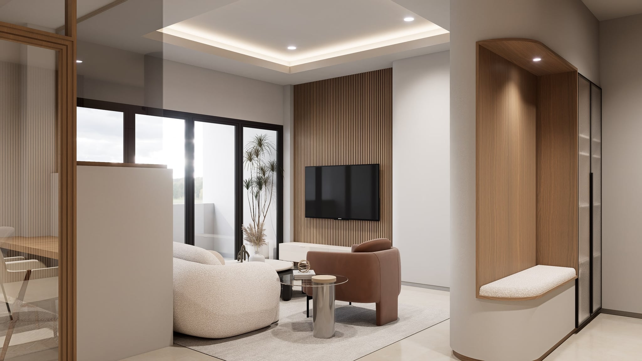 A living area framed in fluted oak, a curved column softening the walk-through past the media wall.