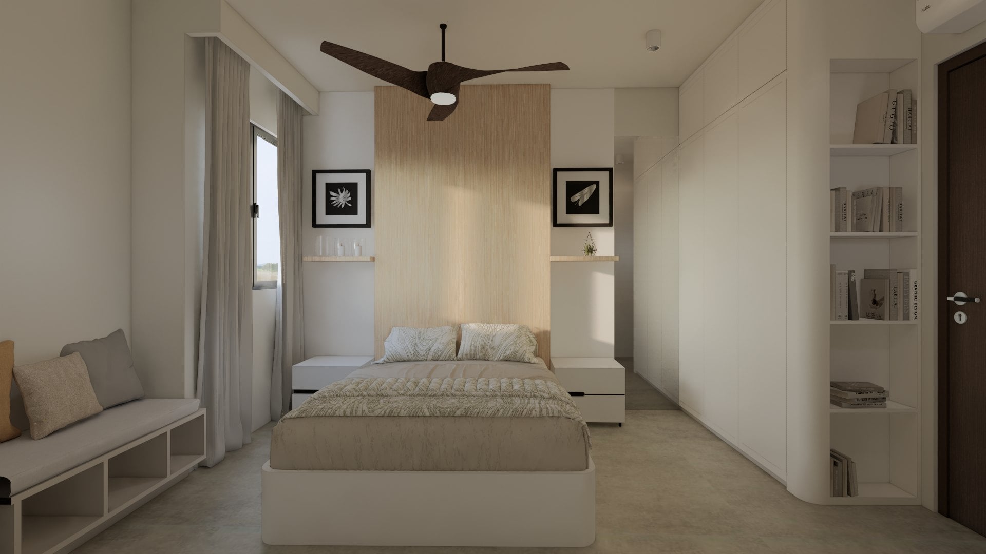 A bedroom in a calm tonal palette, dressed with a platform bed, built-in wardrobe and quiet bedside styling.