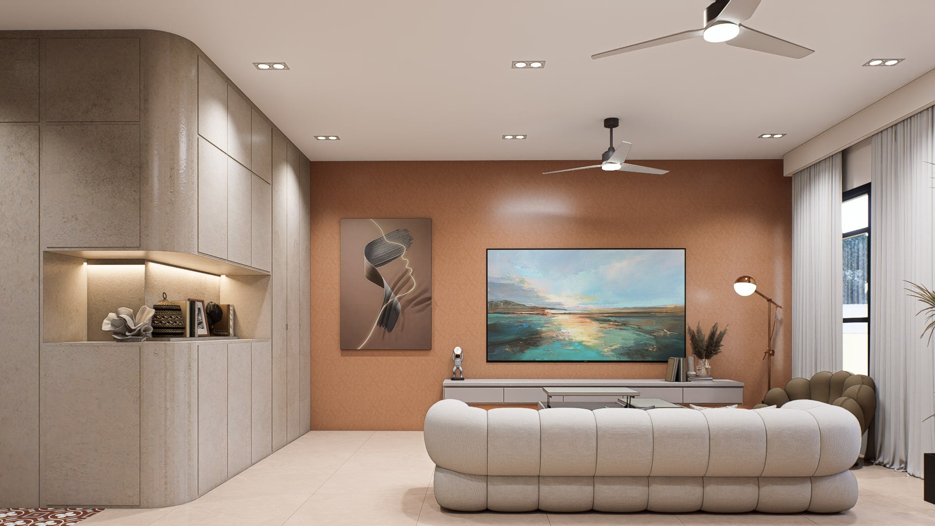 A living area built around a terracotta feature wall, with a deep bouclé sofa and a floating media console.