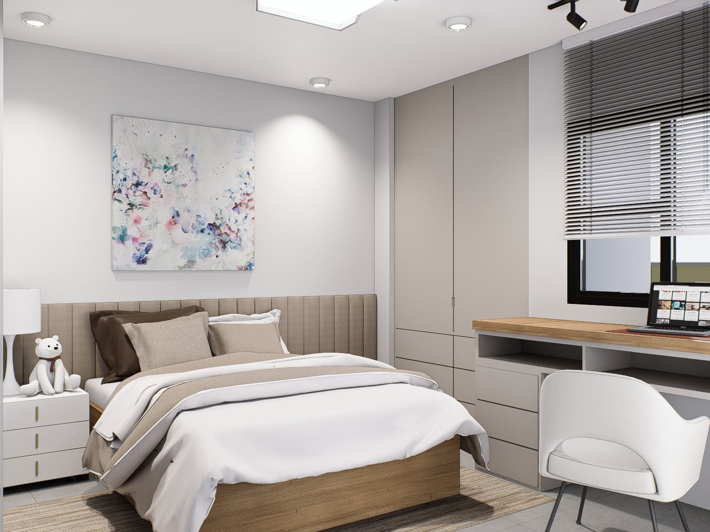 A bedroom in a calm tonal palette, dressed with a platform bed, built-in wardrobe and quiet bedside styling.