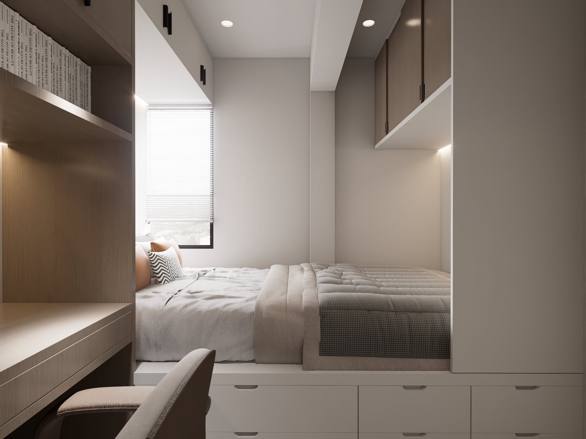 A bedroom in a calm tonal palette, dressed with a platform bed, built-in wardrobe and quiet bedside styling.