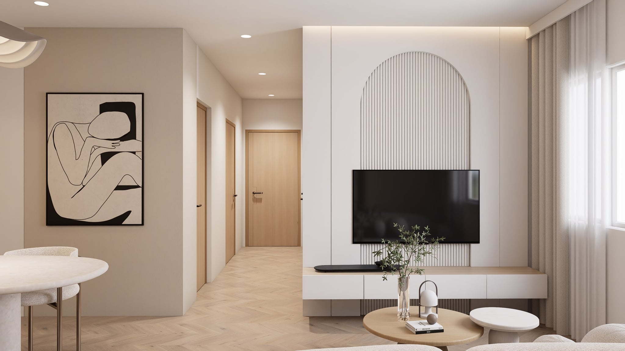 A living area built around an arched fluted panel, with a low white console and herringbone oak underfoot.