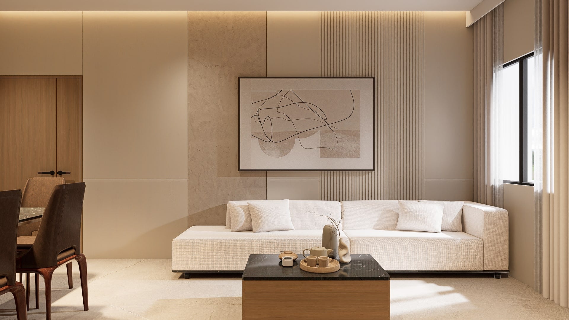 A living area anchored by a fluted feature wall, with a low linen sofa and a black marble coffee table catching the afternoon light.