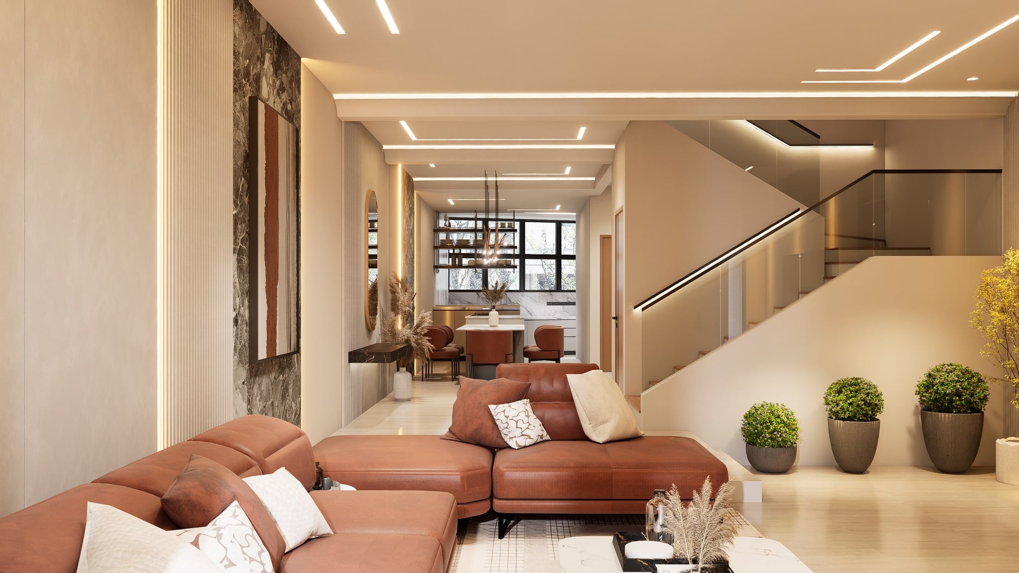 Living and dining share one open volume, a timber-tread stair with a glass balustrade rising through the middle of the plan.