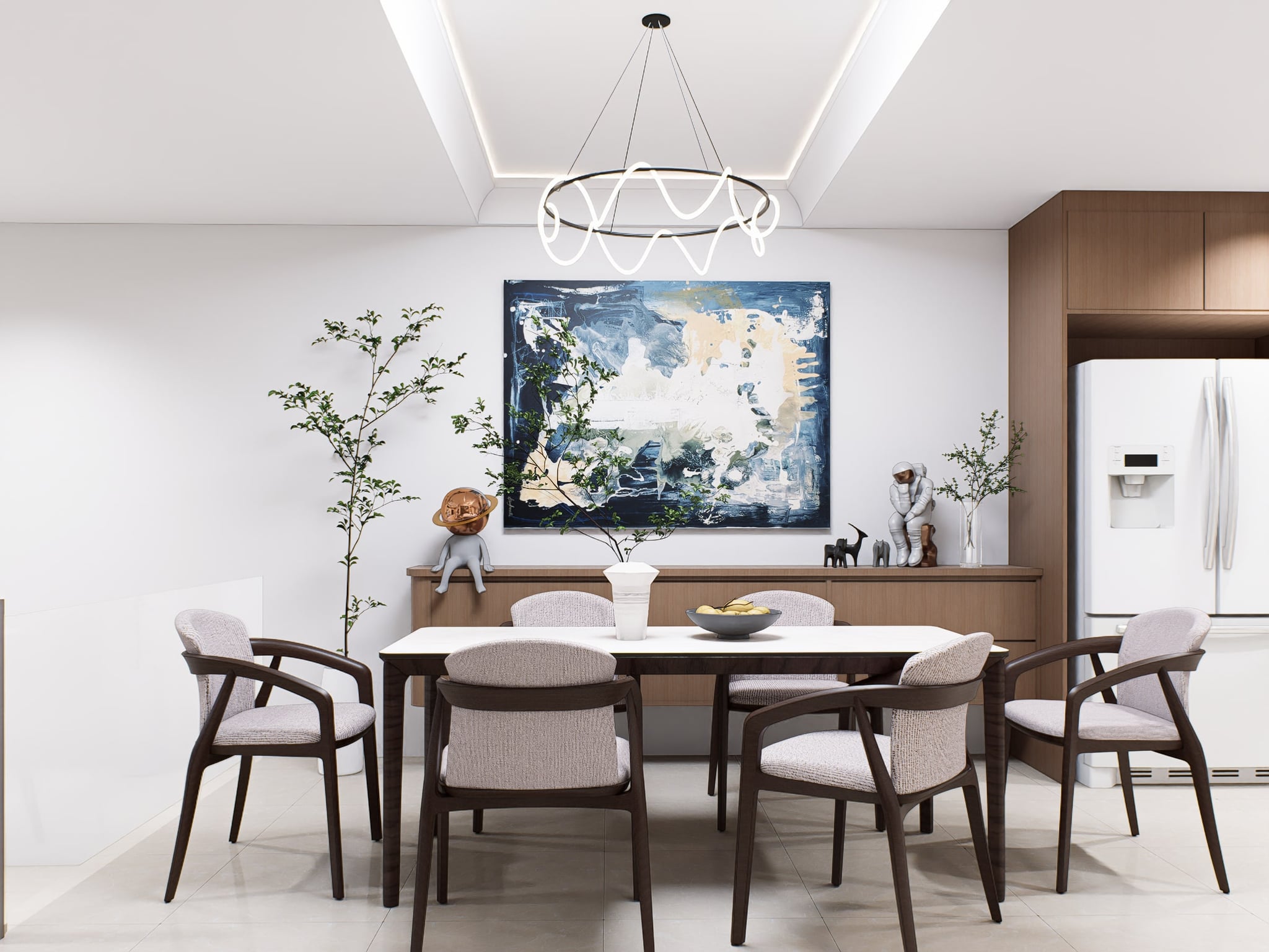 A dining platform raised off the entry hall, ringed by tan leather chairs beneath a sculptural pendant.