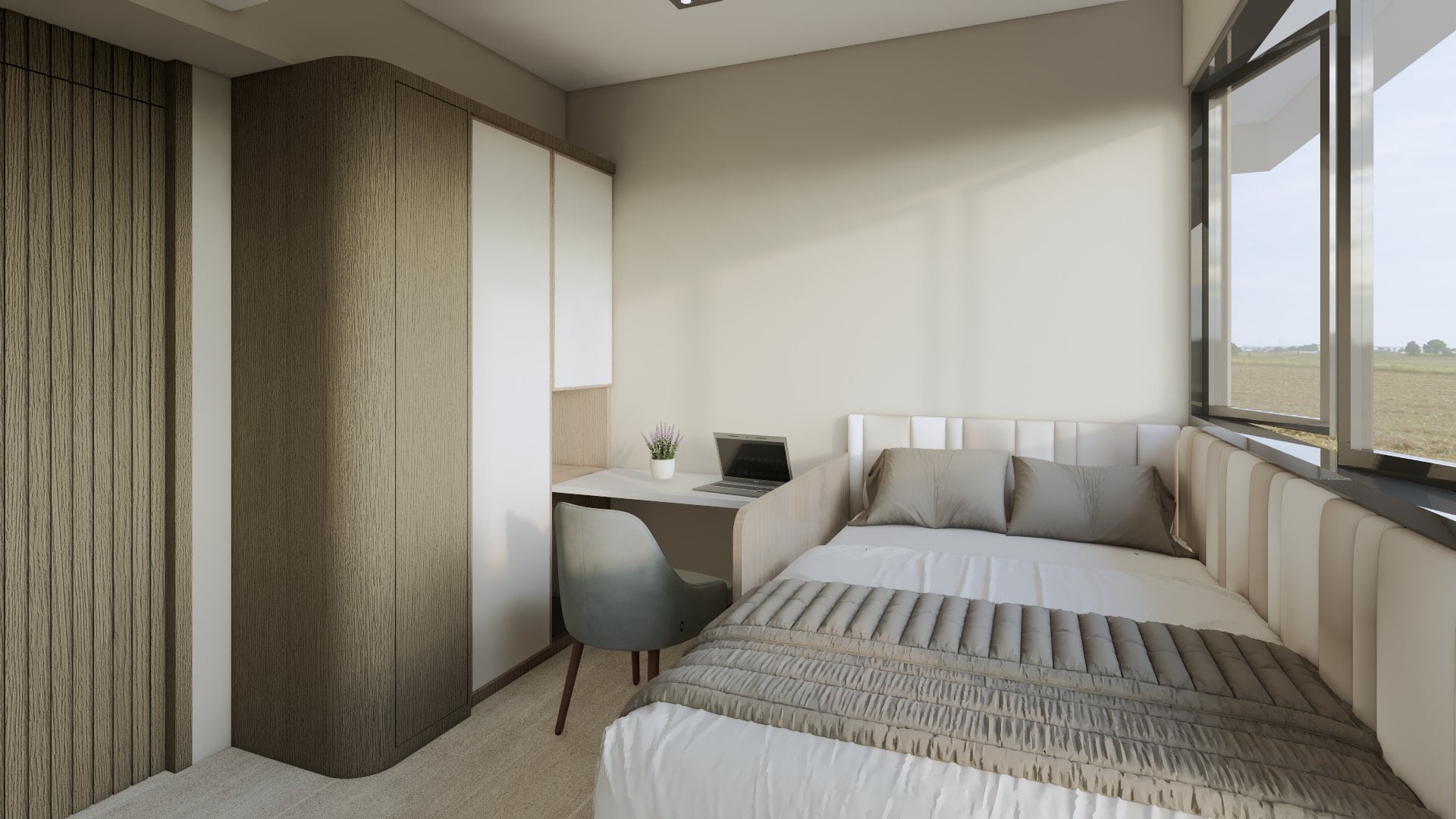 A bedroom in a calm tonal palette, dressed with a platform bed, built-in wardrobe and quiet bedside styling.