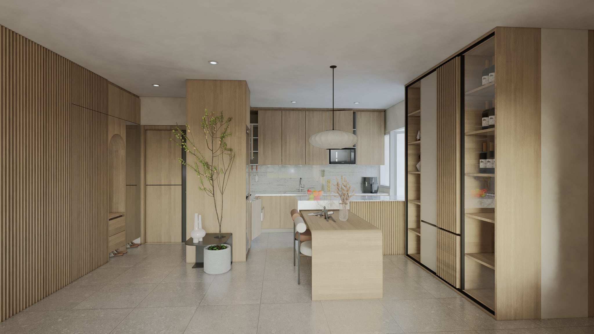 A dining-and-kitchen setting under a soft cove, finished in oak joinery and a calm tonal palette.